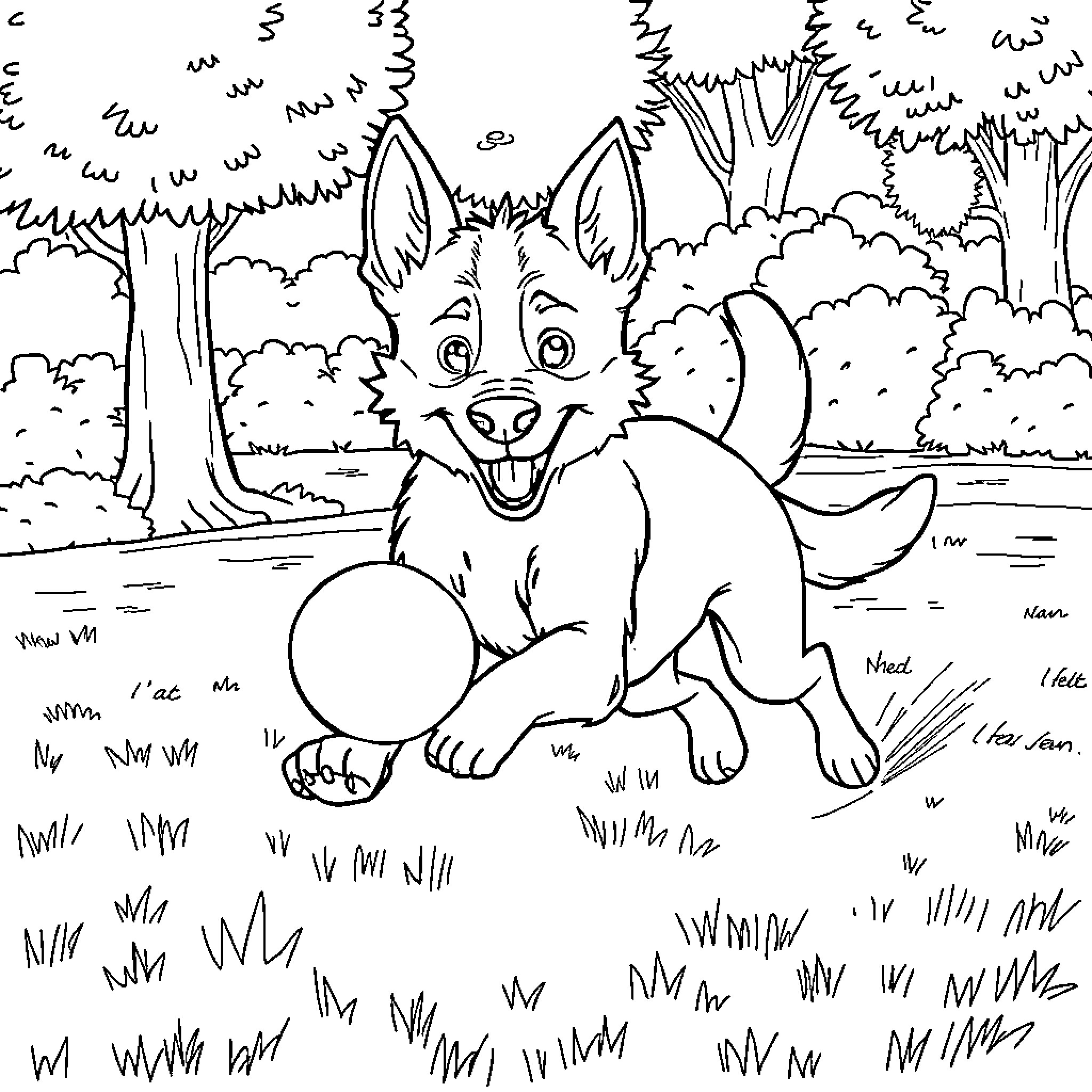 Dog playing cheerfully in the forest Coloring Page (free black-and-white line drawing printable PDF for all, from beginners to advanced learners, including children, teens, adults, and seniors)