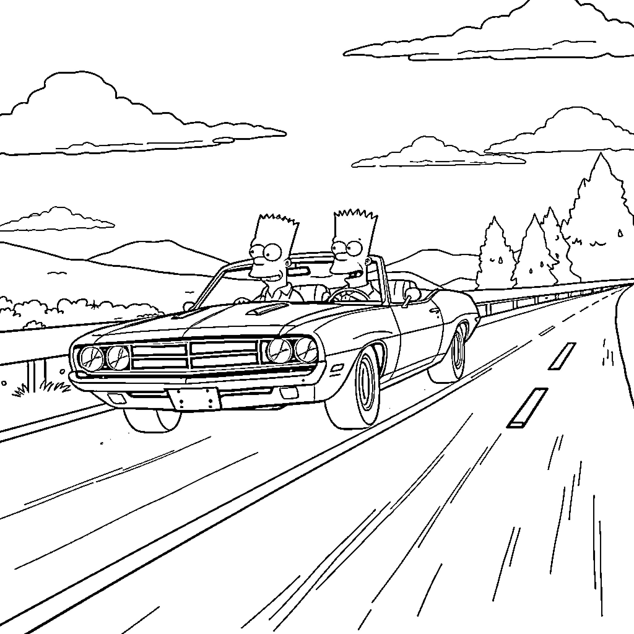 Homer and Bart driving fast in a classic car Coloring Page (free black-and-white line drawing printable PDF for all, from beginners to advanced learners, including children, teens, adults, and seniors)