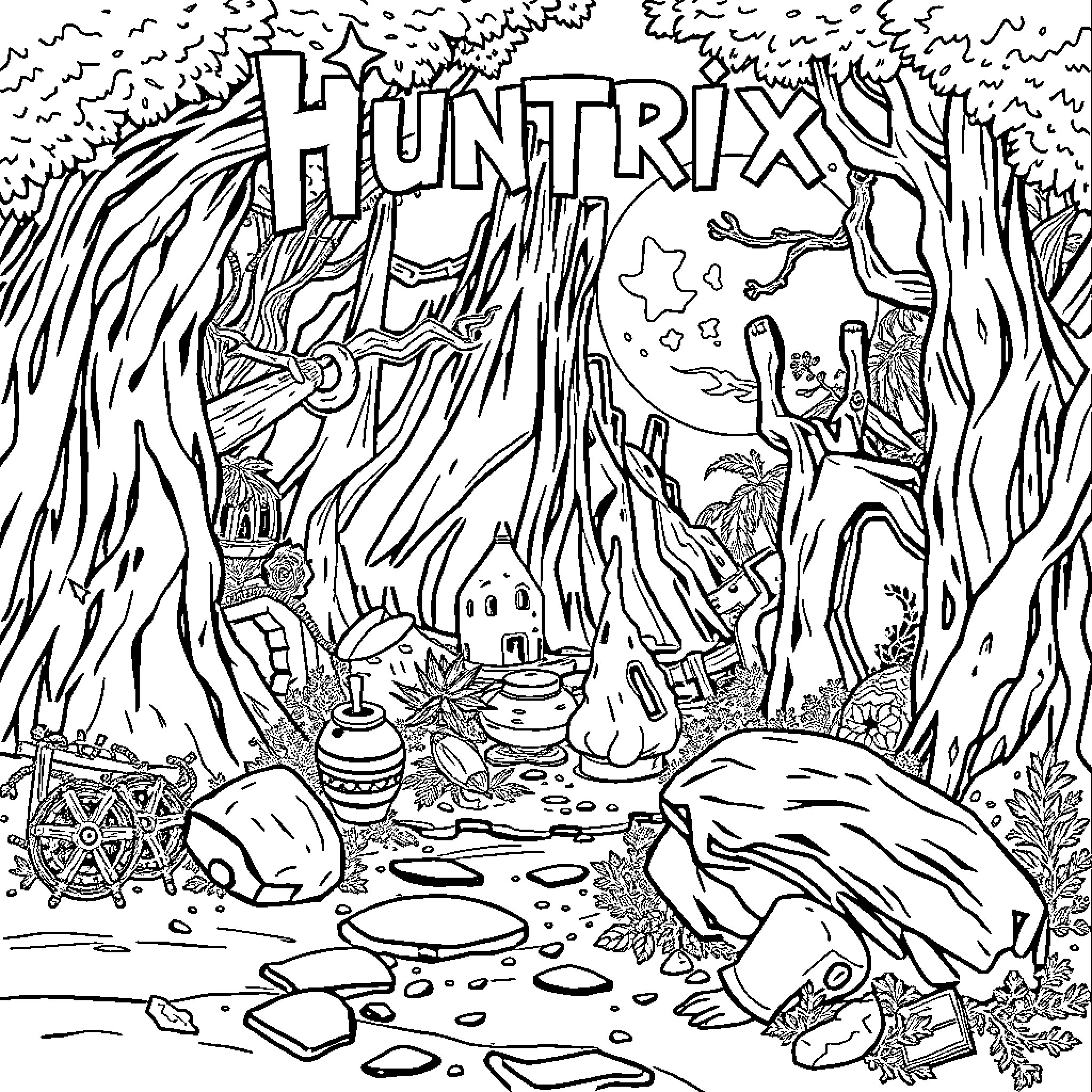 Huntrix: Mystical Forest Adventure Coloring Page (free black-and-white line drawing printable PDF for all, from beginners to advanced learners, including children, teens, adults, and seniors)
