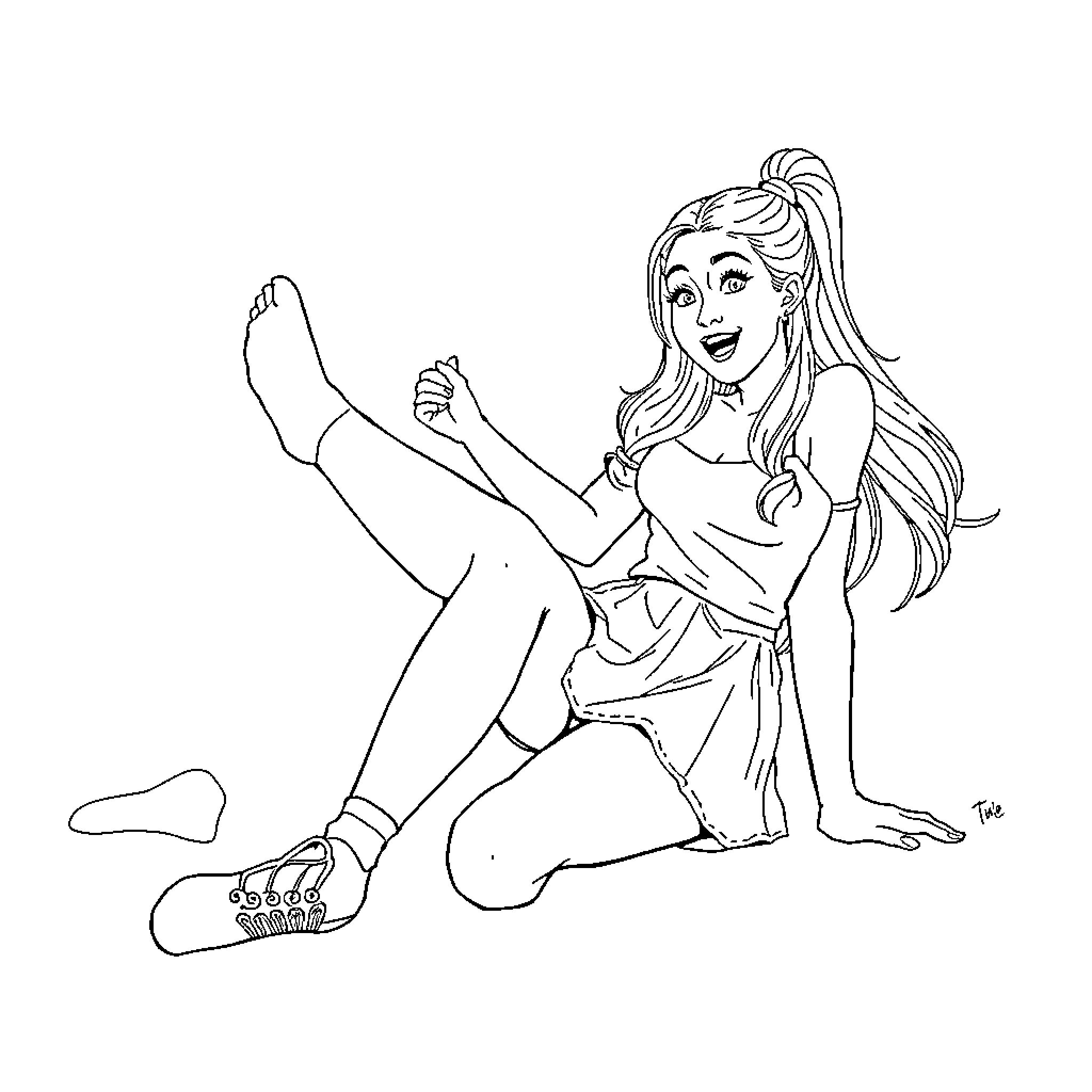 Sabrina Carpenter Sitting Cheerfully in Casual Attire Coloring Page (free black-and-white line drawing printable PDF for all, from beginners to advanced learners, including children, teens, adults, and seniors)