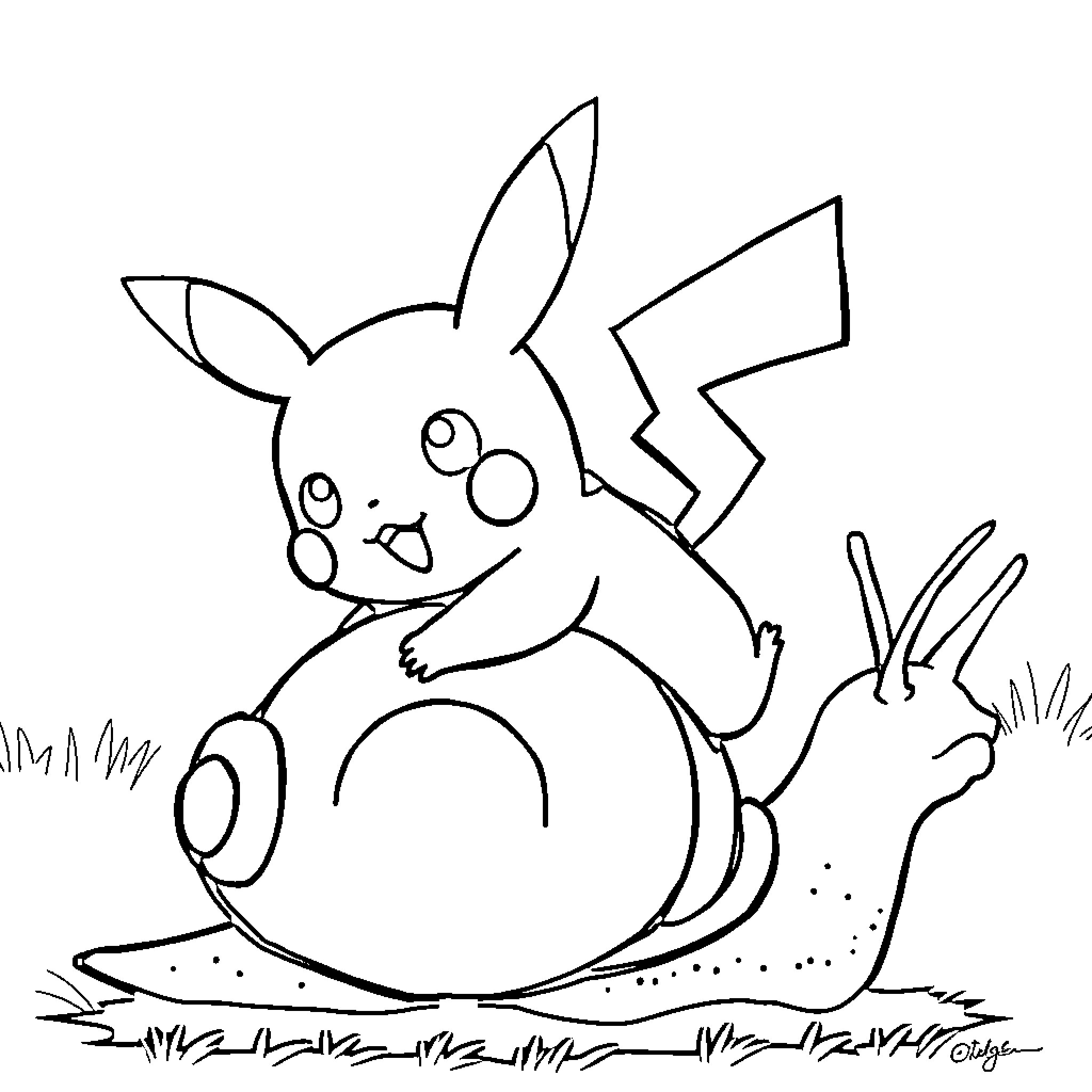Pikachu playing in the grass Coloring Page (free black-and-white line drawing printable PDF for all, from beginners to advanced learners, including children, teens, adults, and seniors)