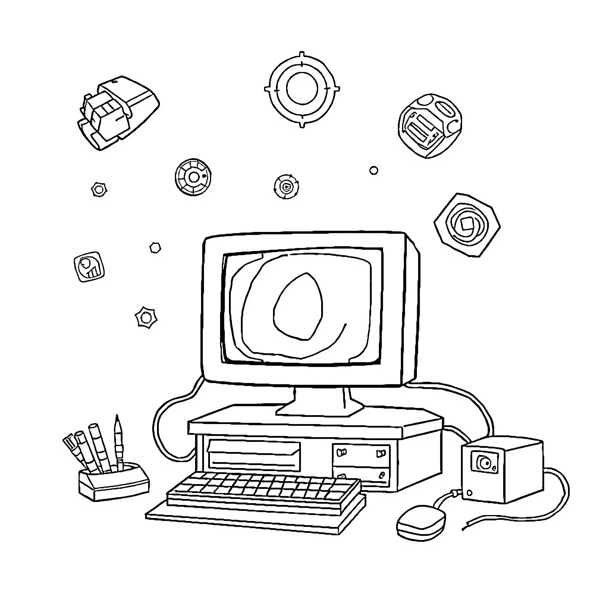 Computing devices and accessories Coloring Page (free black-and-white line drawing printable PDF for all, from beginners to advanced learners, including children, teens, adults, and seniors)