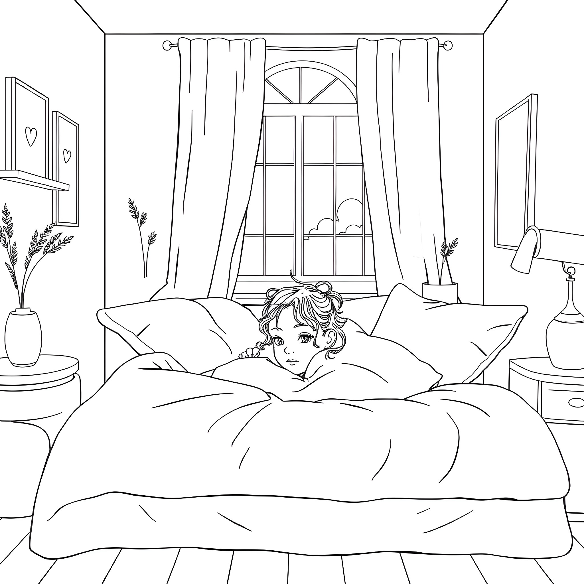 Girl resting comfortably in her bedroom Coloring Page (free black-and-white line drawing printable PDF for all, from beginners to advanced learners, including children, teens, adults, and seniors)