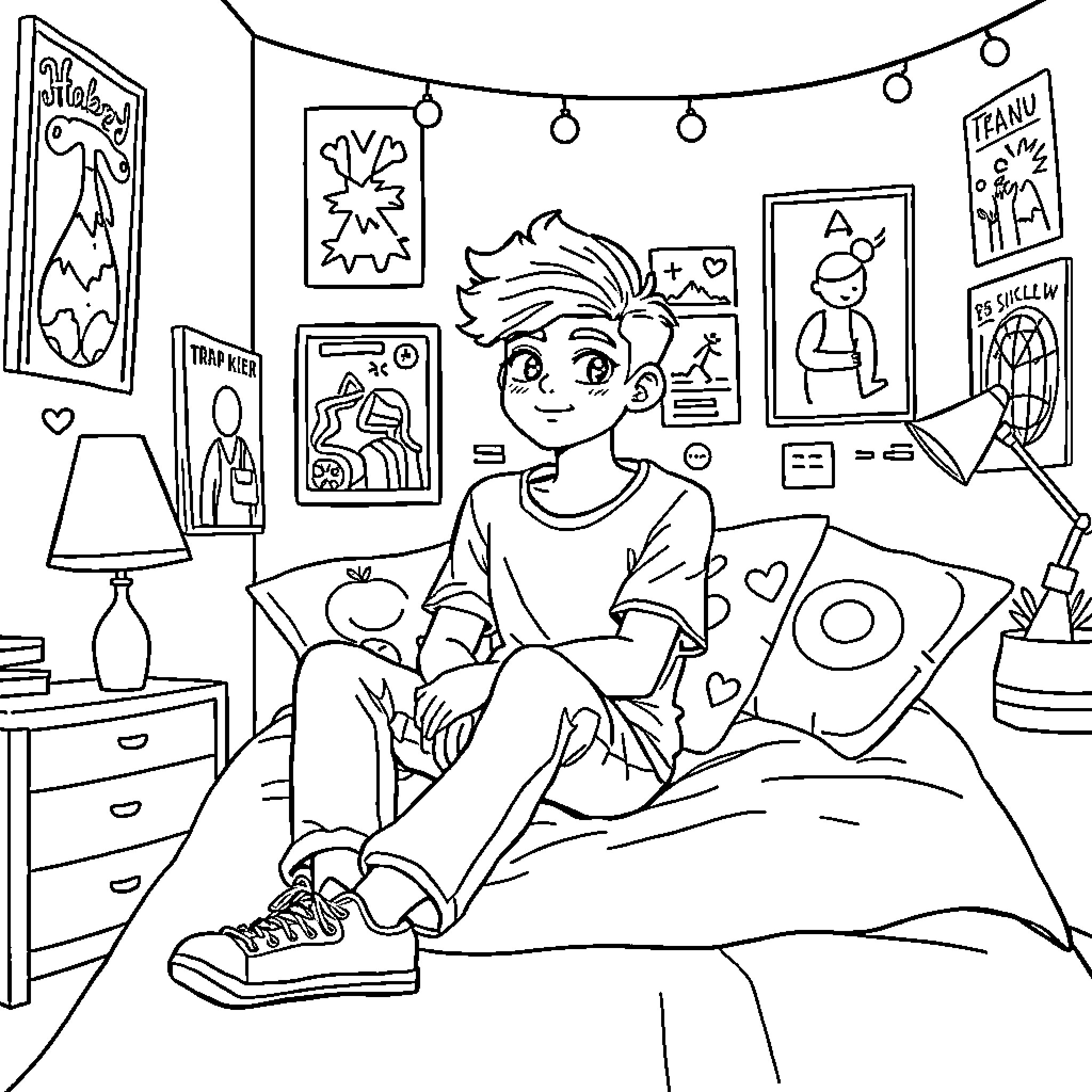 Teen's Cozy Bedroom Decor and Relaxation Coloring Page (free black-and-white line drawing printable PDF for all, from beginners to advanced learners, including children, teens, adults, and seniors)