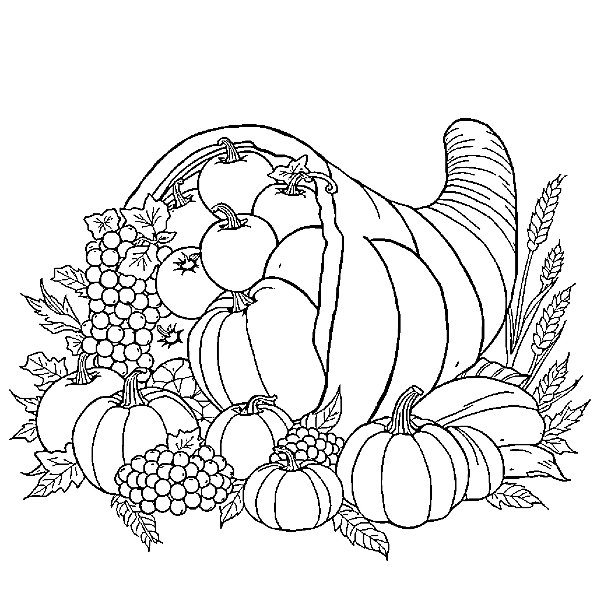 Cornucopia of Harvest Abundance Coloring Page (free black-and-white line drawing printable PDF for all, from beginners to advanced learners, including children, teens, adults, and seniors)