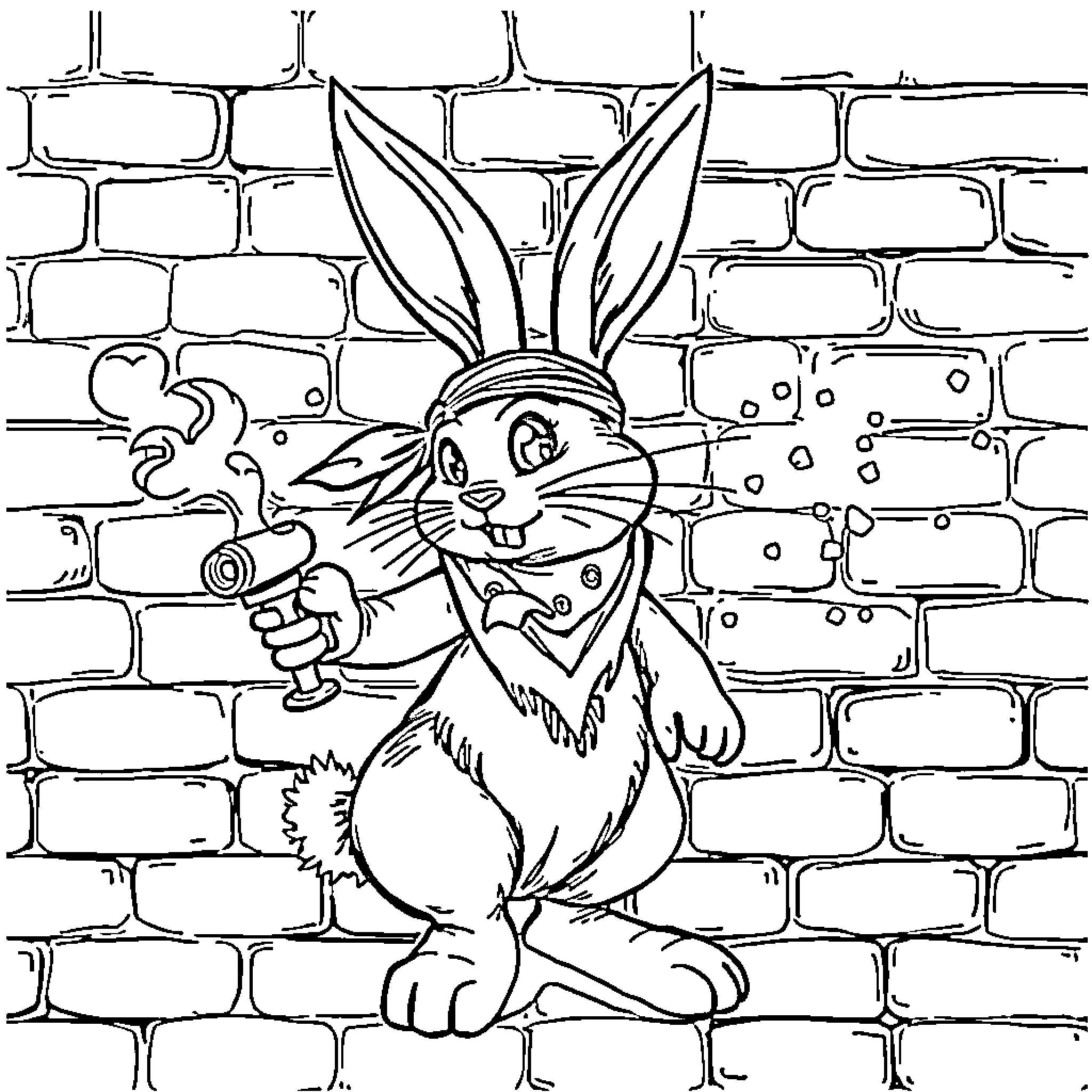 Rabbit peeking through brick wall Coloring Page (free black-and-white line drawing printable PDF for all, from beginners to advanced learners, including children, teens, adults, and seniors)