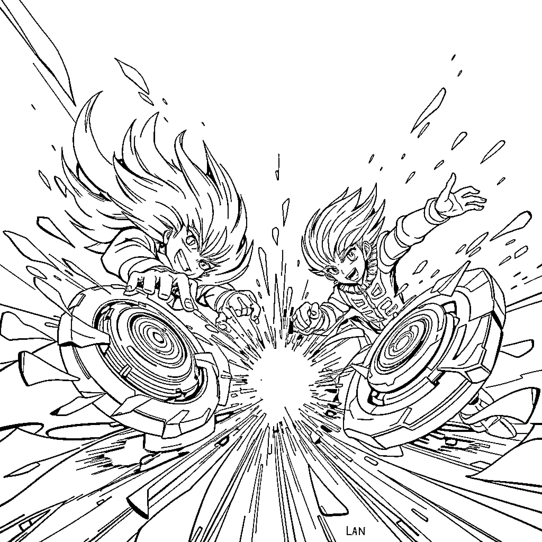 Beyblade battle with spinning tops in action Coloring Page (free black-and-white line drawing printable PDF for all, from beginners to advanced learners, including children, teens, adults, and seniors)