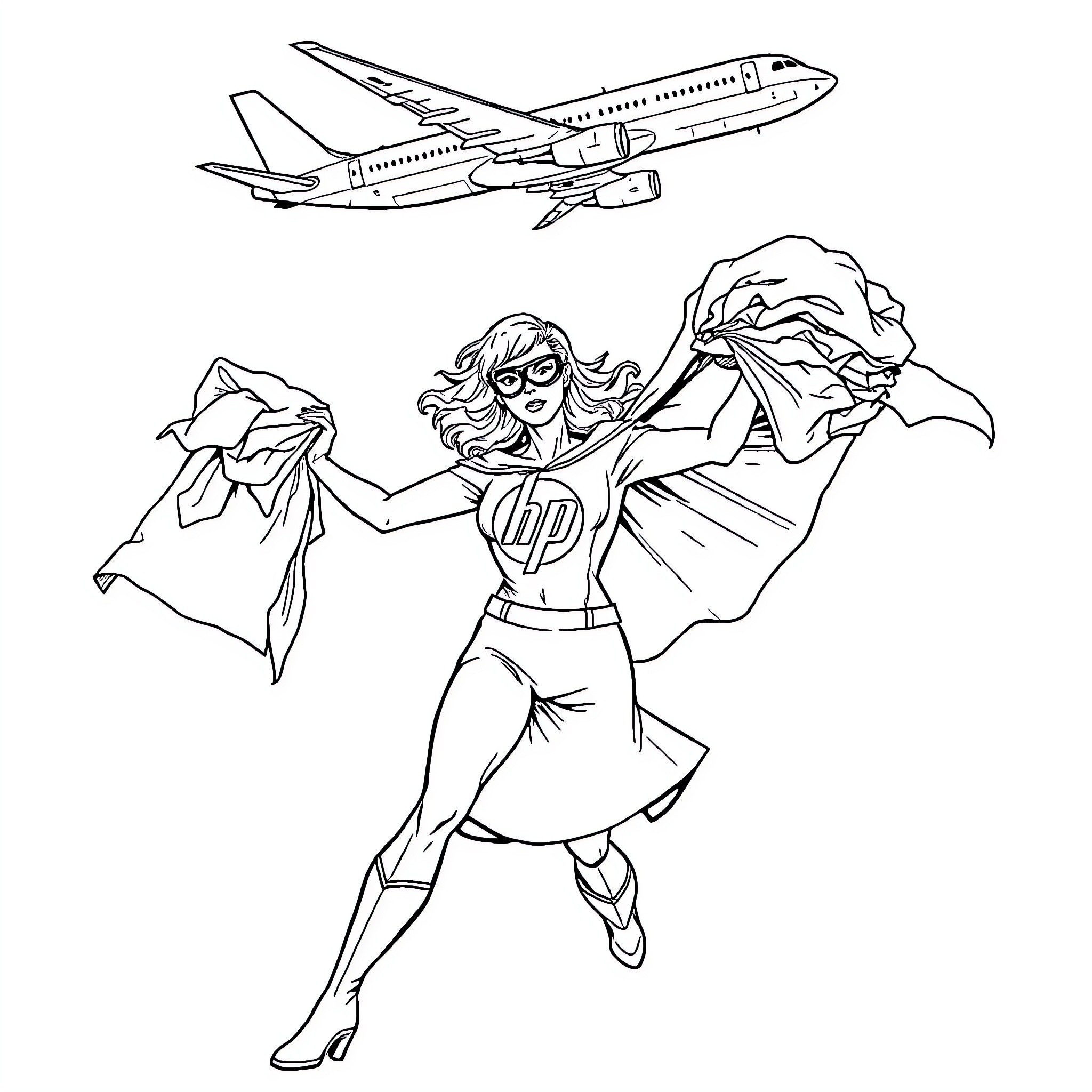 Superhero Heroine Flying with Confidence Coloring Page (free black-and-white line drawing printable PDF for all, from beginners to advanced learners, including children, teens, adults, and seniors)