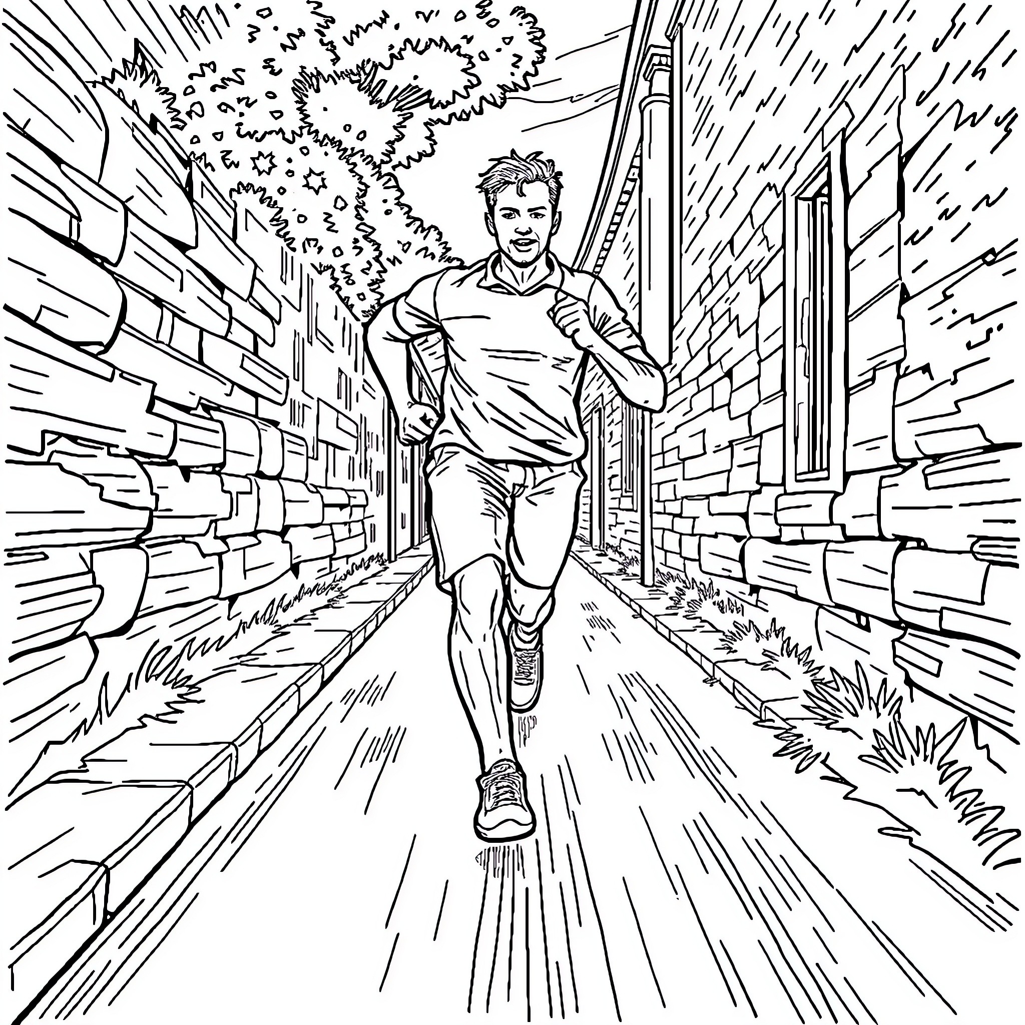 Man running down an alley Coloring Page (free black-and-white line drawing printable PDF for all, from beginners to advanced learners, including children, teens, adults, and seniors)