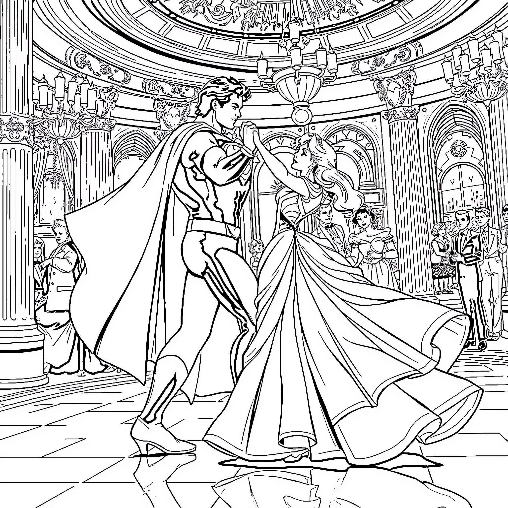 Superman dancing elegantly with princess in palace Coloring Page (free black-and-white line drawing printable PDF for all, from beginners to advanced learners, including children, teens, adults, and seniors)
