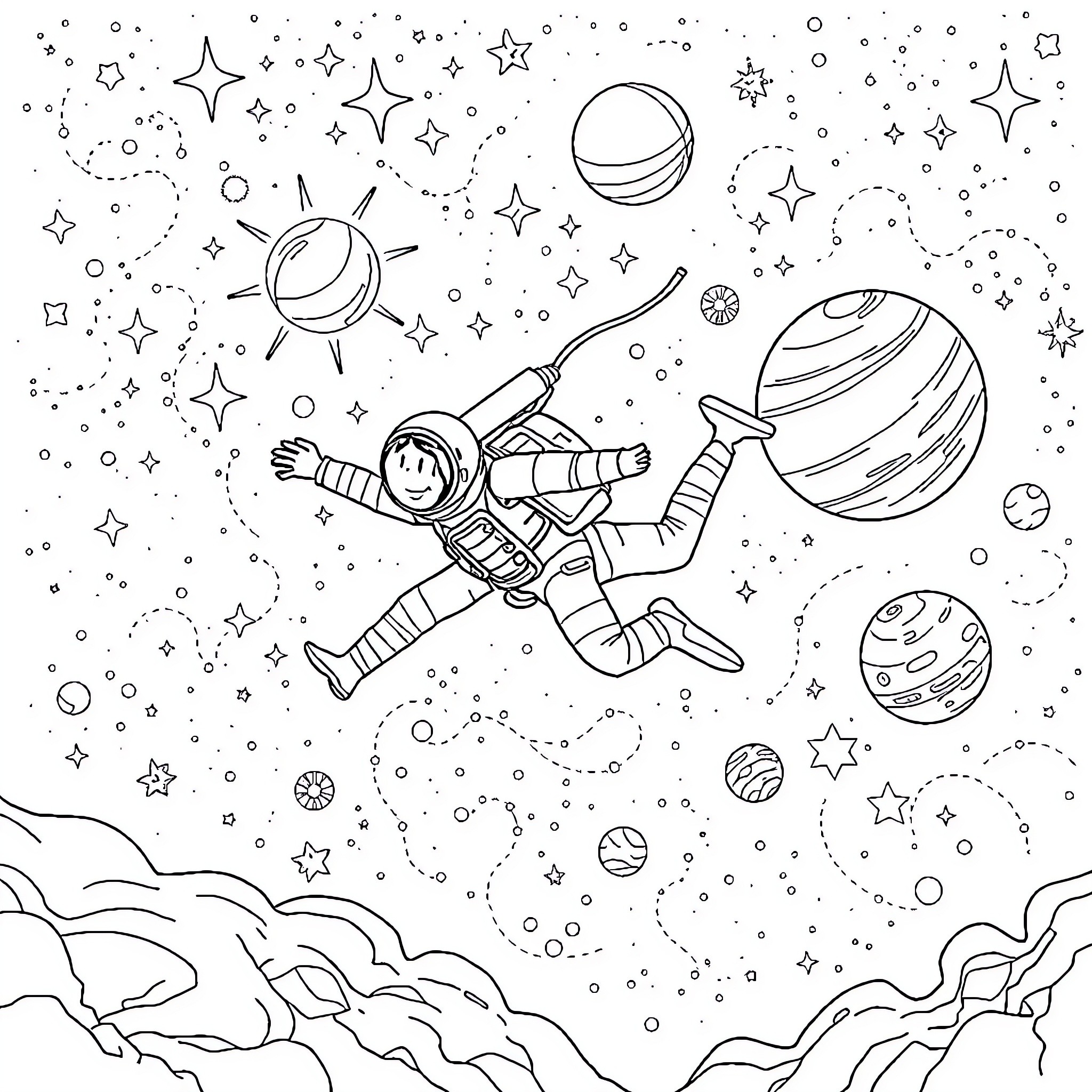 Diver exploring the wonders of the cosmic space Coloring Page (free black-and-white line drawing printable PDF for all, from beginners to advanced learners, including children, teens, adults, and seniors)
