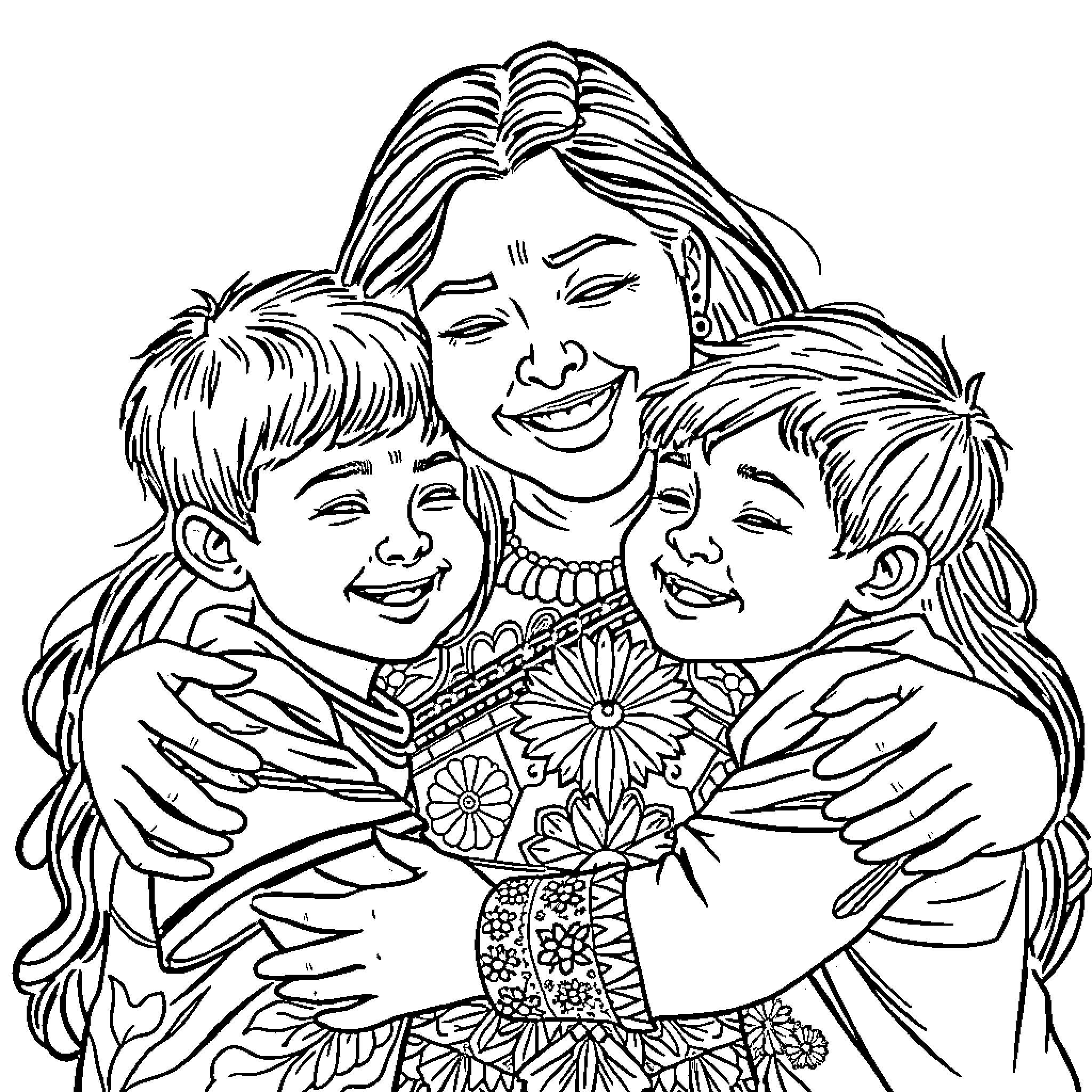 Woman embracing happy children in colorful attire Coloring Page (free black-and-white line drawing printable PDF for all, from beginners to advanced learners, including children, teens, adults, and seniors)