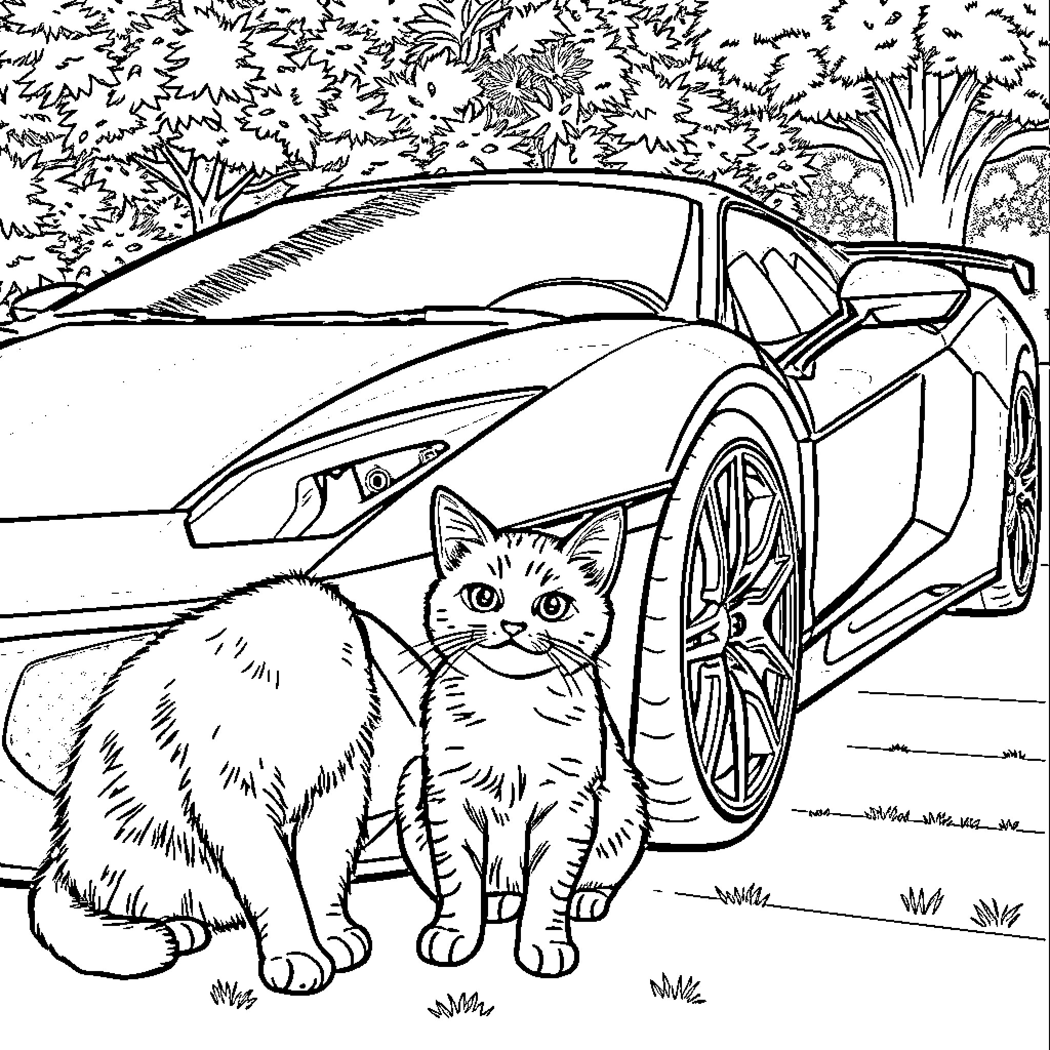 Supercar parked in nature with a curious cat Coloring Page (free black-and-white line drawing printable PDF for all, from beginners to advanced learners, including children, teens, adults, and seniors)