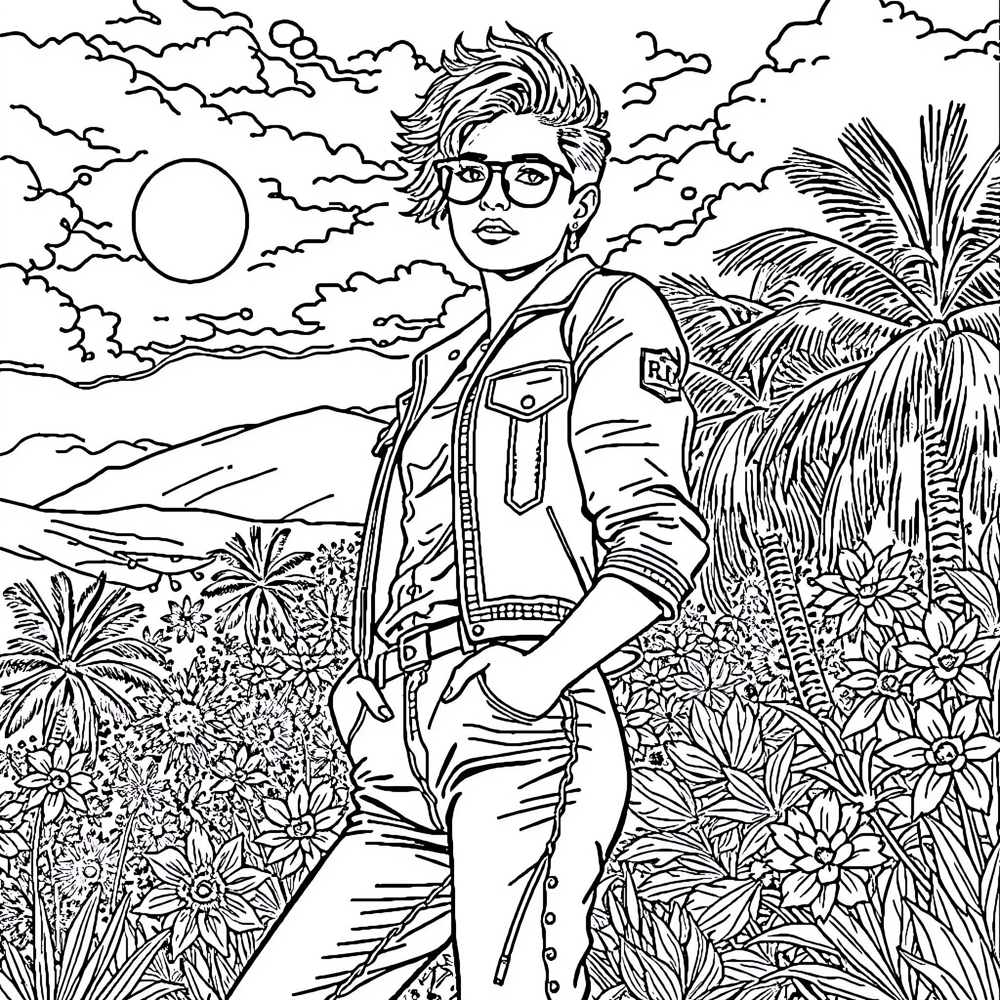 Image of a person standing amidst tropical foliage Coloring Page (free black-and-white line drawing printable PDF for all, from beginners to advanced learners, including children, teens, adults, and seniors)
