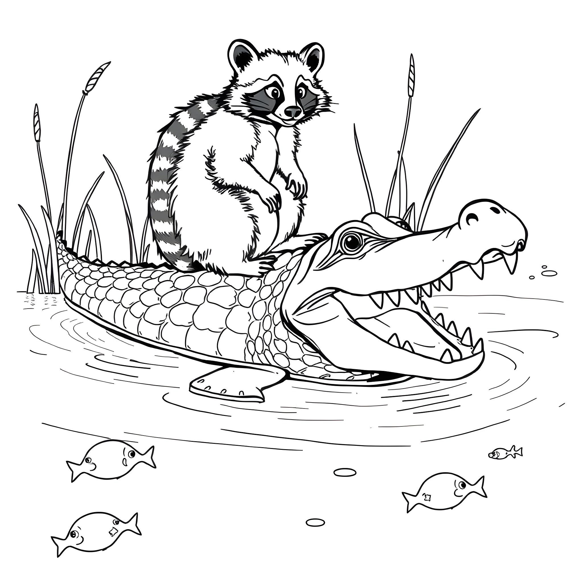 Raccoon riding playfully on a crocodile Coloring Page (free black-and-white line drawing printable PDF for all, from beginners to advanced learners, including children, teens, adults, and seniors)