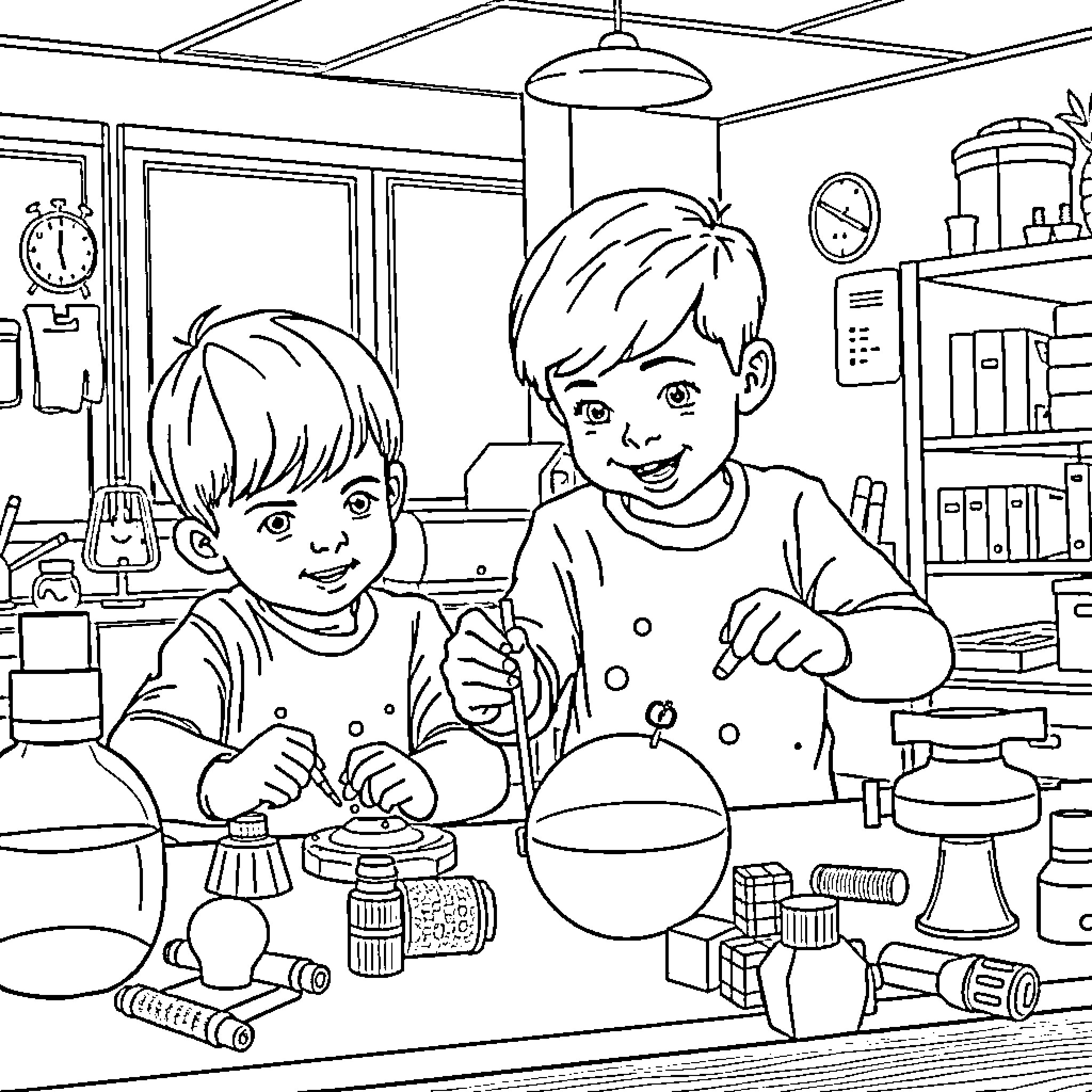 Kid having fun with science experiments in the lab Coloring Page (free black-and-white line drawing printable PDF for all, from beginners to advanced learners, including children, teens, adults, and seniors)