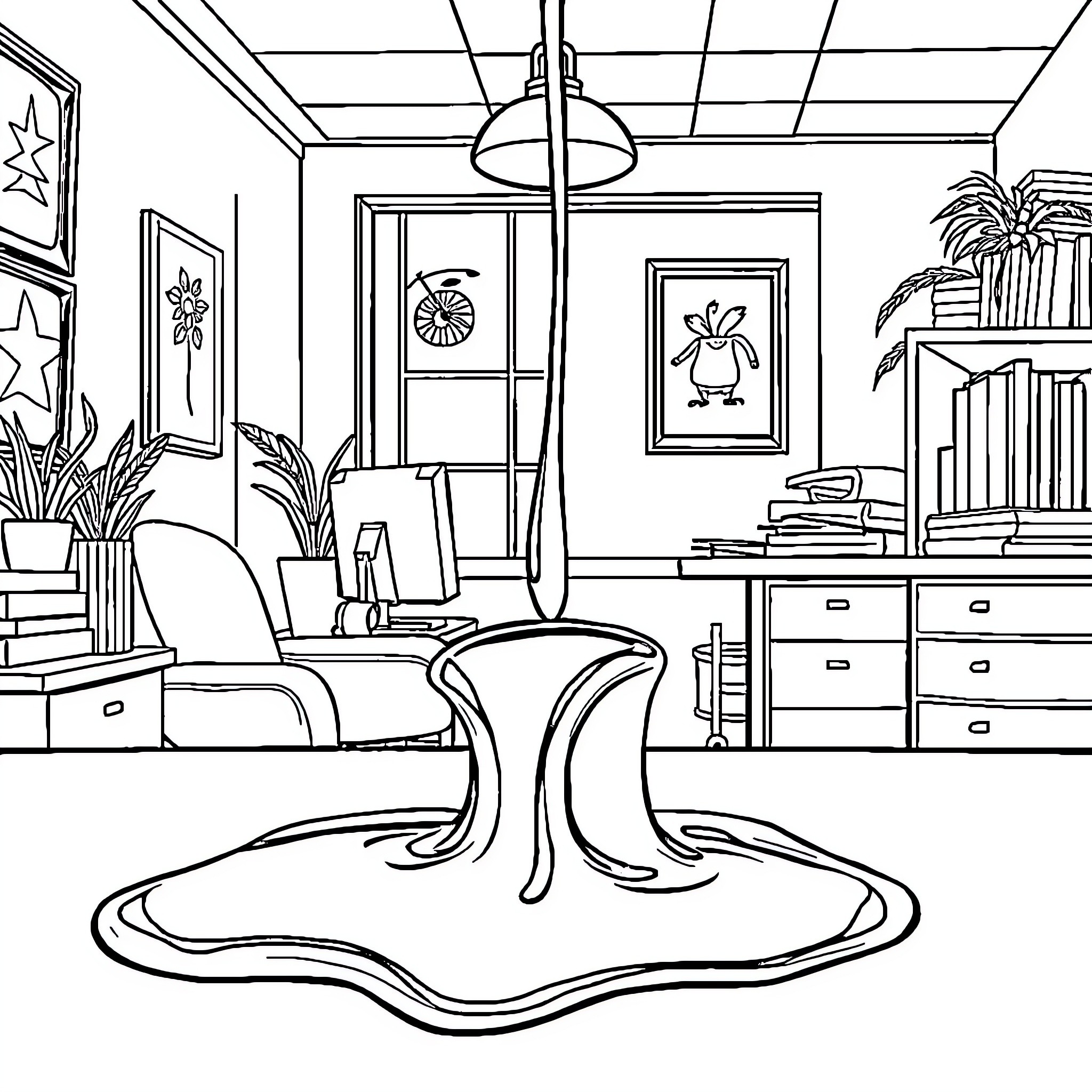Chocolate-themed interior design in cozy room Coloring Page (free black-and-white line drawing printable PDF for all, from beginners to advanced learners, including children, teens, adults, and seniors)