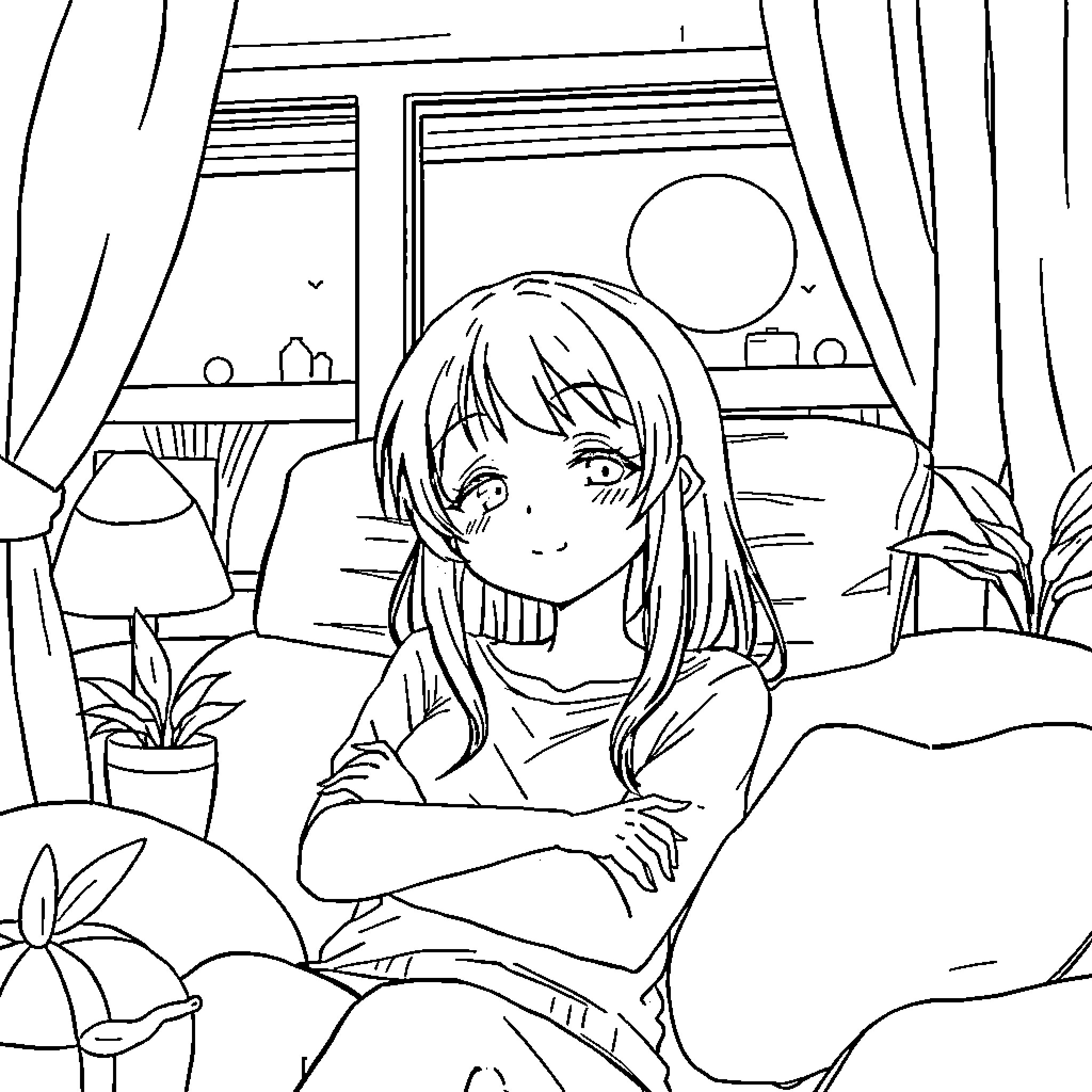 Anime Girl Relaxing in Cozy Living Room Coloring Page (free black-and-white line drawing printable PDF for all, from beginners to advanced learners, including children, teens, adults, and seniors)