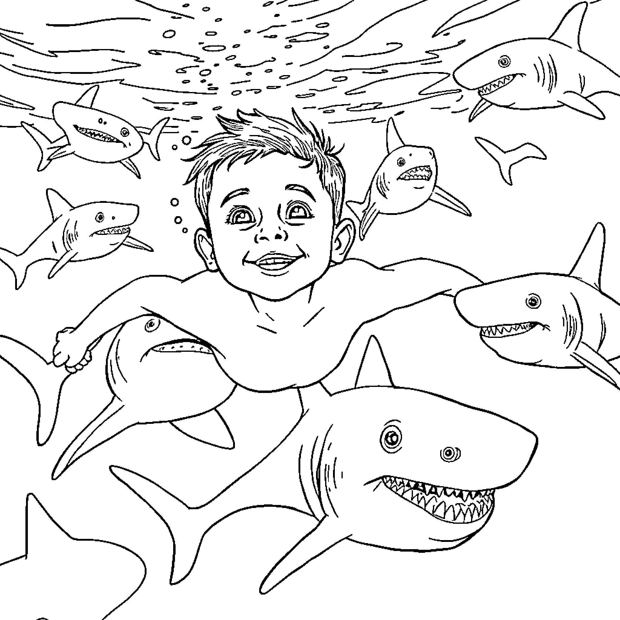Boy swimming with friendly sharks Coloring Page (free black-and-white line drawing printable PDF for all, from beginners to advanced learners, including children, teens, adults, and seniors)