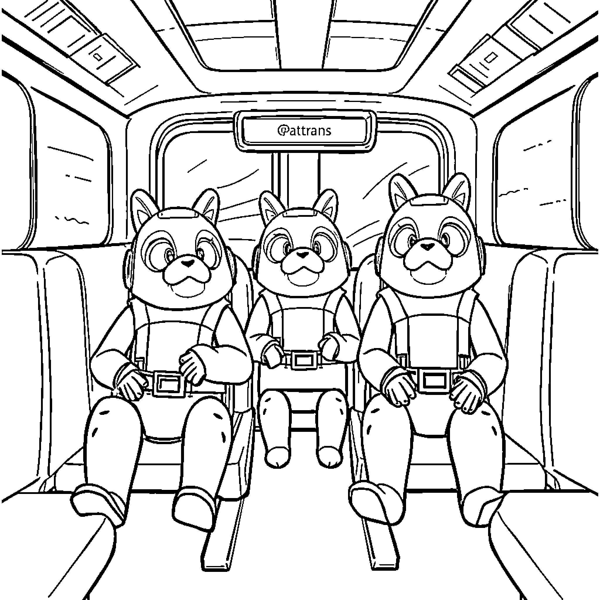 Patrol of Friendly Chipmunk Officers in Vehicle Coloring Page (free black-and-white line drawing printable PDF for all, from beginners to advanced learners, including children, teens, adults, and seniors)