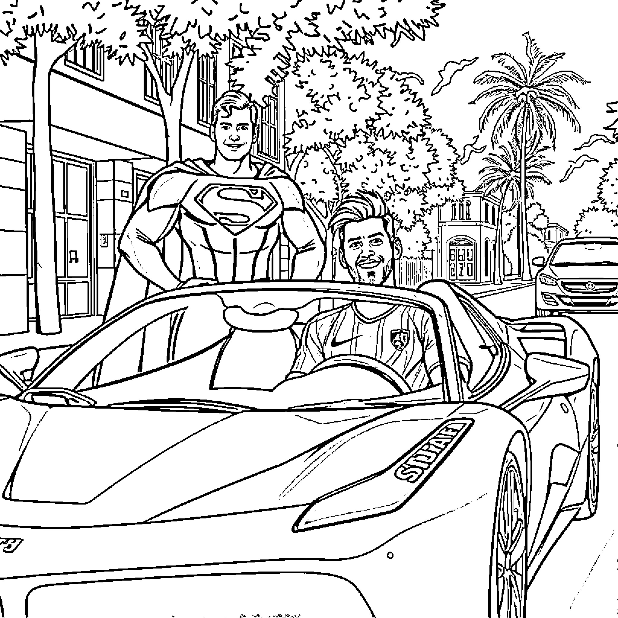 Superman and friend enjoy a drive in a sports car Coloring Page (free black-and-white line drawing printable PDF for all, from beginners to advanced learners, including children, teens, adults, and seniors)