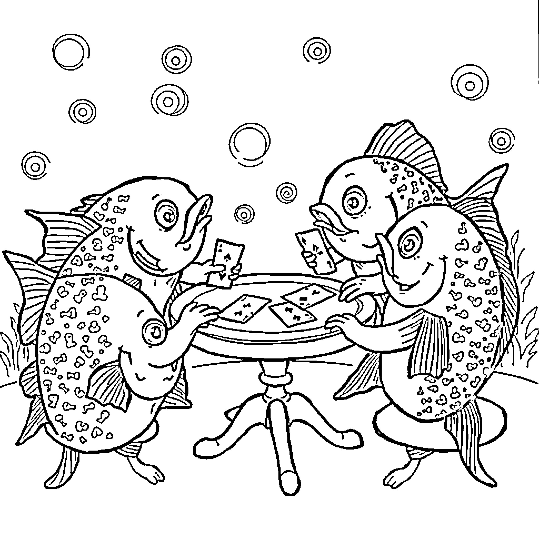 Fish playing cards underwater Coloring Page (free black-and-white line drawing printable PDF for all, from beginners to advanced learners, including children, teens, adults, and seniors)