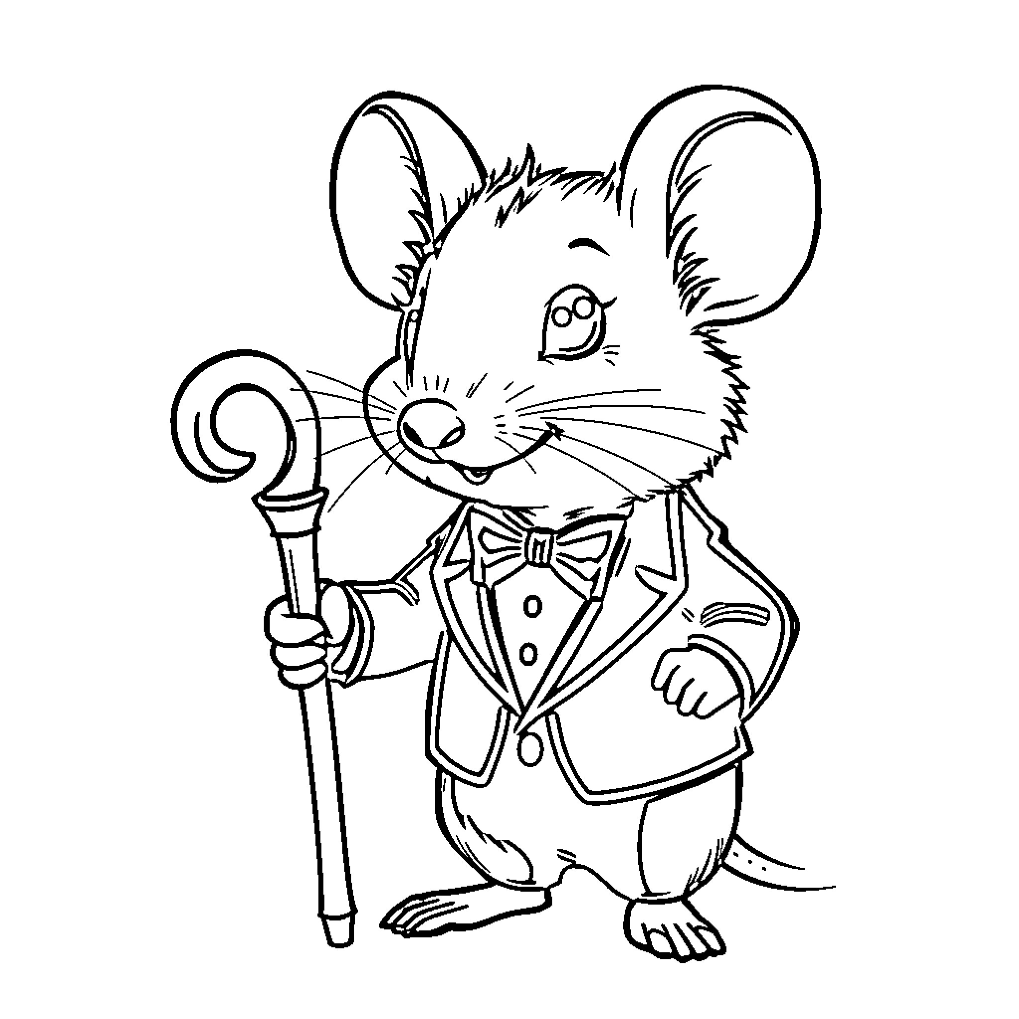Mouse dressed in formal attire with walking stick Coloring Page (free black-and-white line drawing printable PDF for all, from beginners to advanced learners, including children, teens, adults, and seniors)