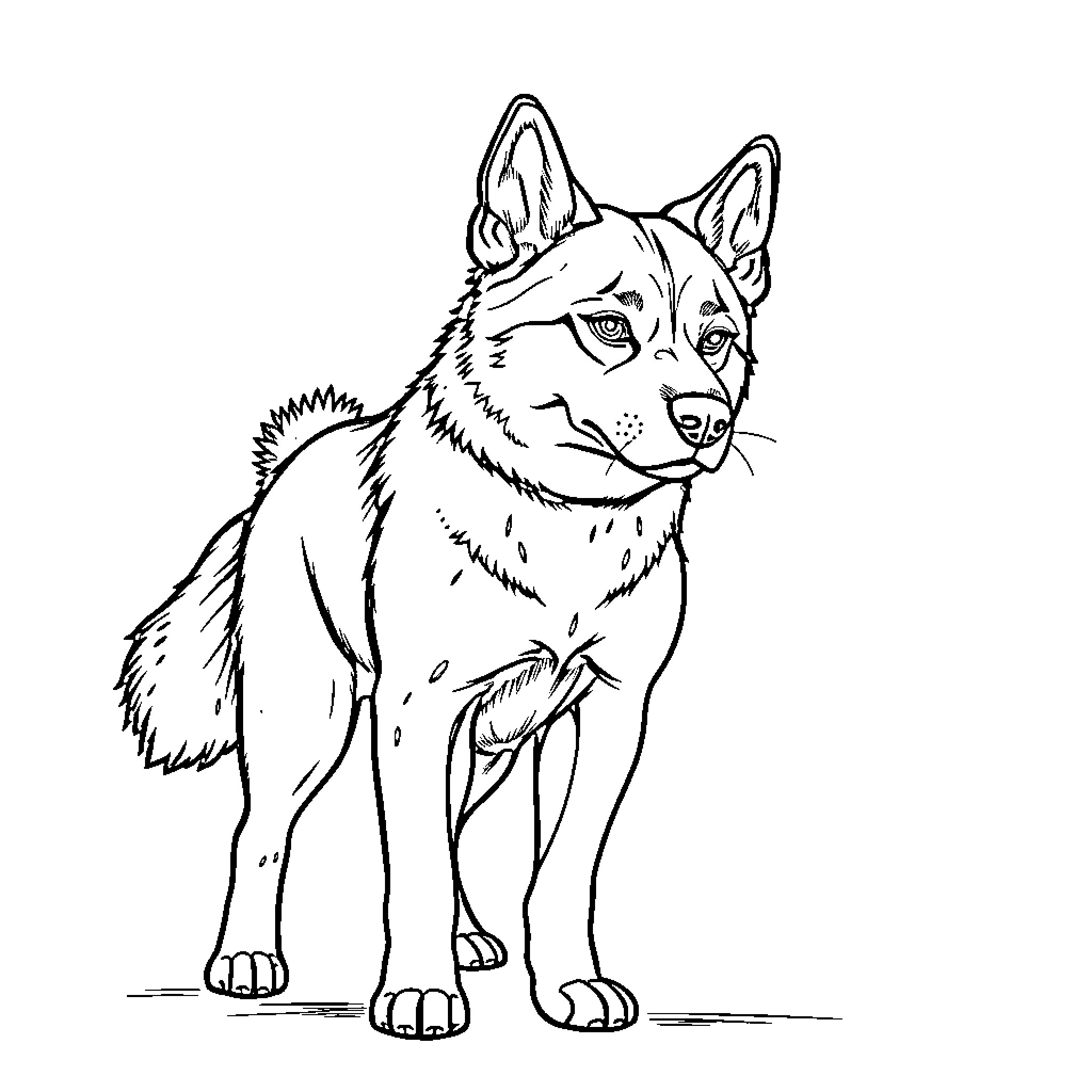Akita dog standing alert and focused Coloring Page (free black-and-white line drawing printable PDF for all, from beginners to advanced learners, including children, teens, adults, and seniors)