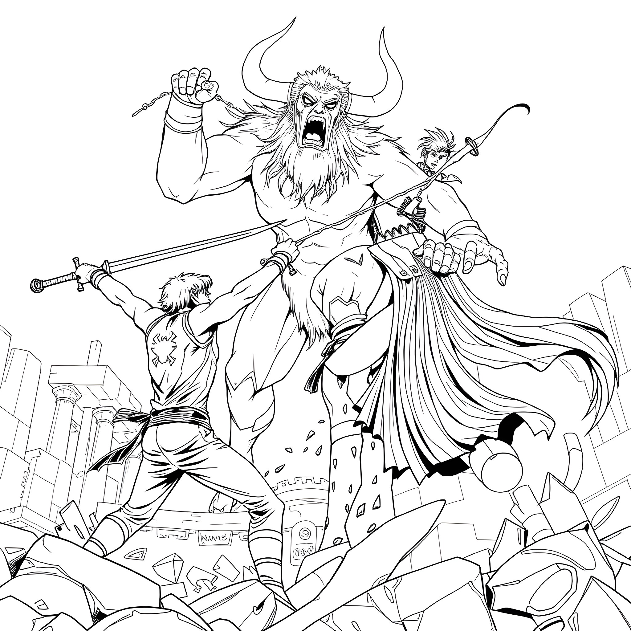 Percy Jackson's Mythical Battle Against Fierce Foes Coloring Page (free black-and-white line drawing printable PDF for all, from beginners to advanced learners, including children, teens, adults, and seniors)