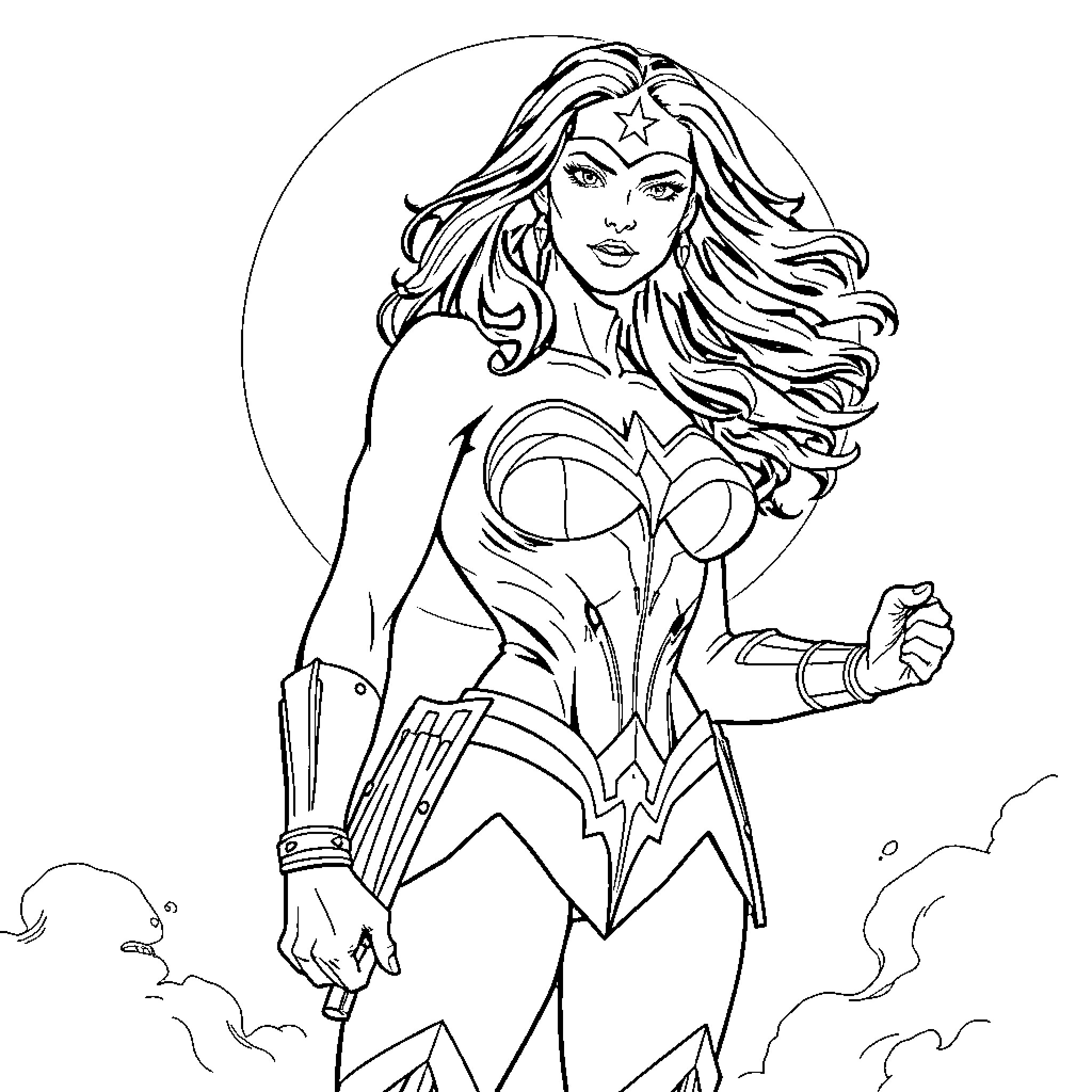 Wonder Woman heroically defending the world Coloring Page (free black-and-white line drawing printable PDF for all, from beginners to advanced learners, including children, teens, adults, and seniors)