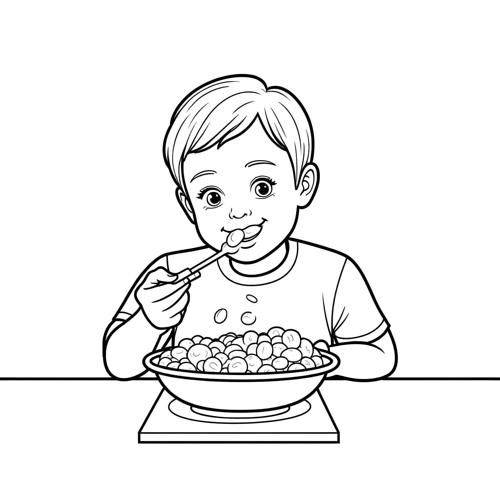 Boy eating a bowl of cereal happily Coloring Page (free black-and-white line drawing printable PDF for all, from beginners to advanced learners, including children, teens, adults, and seniors)
