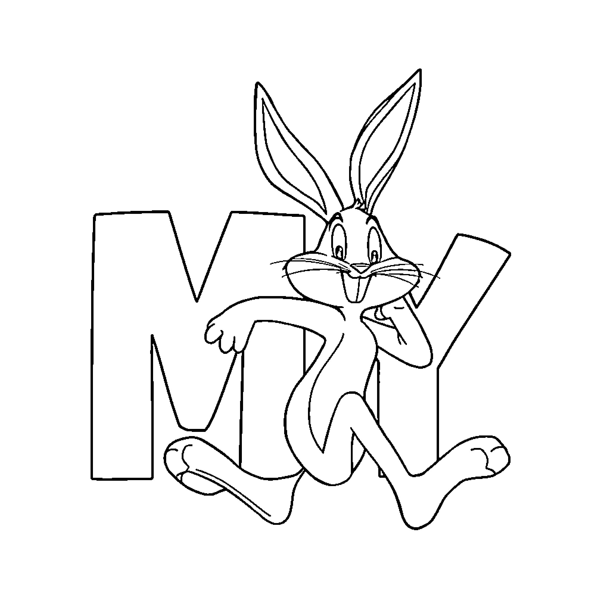 Bugs Bunny posing mischievously with letter M Coloring Page (free black-and-white line drawing printable PDF for all, from beginners to advanced learners, including children, teens, adults, and seniors)