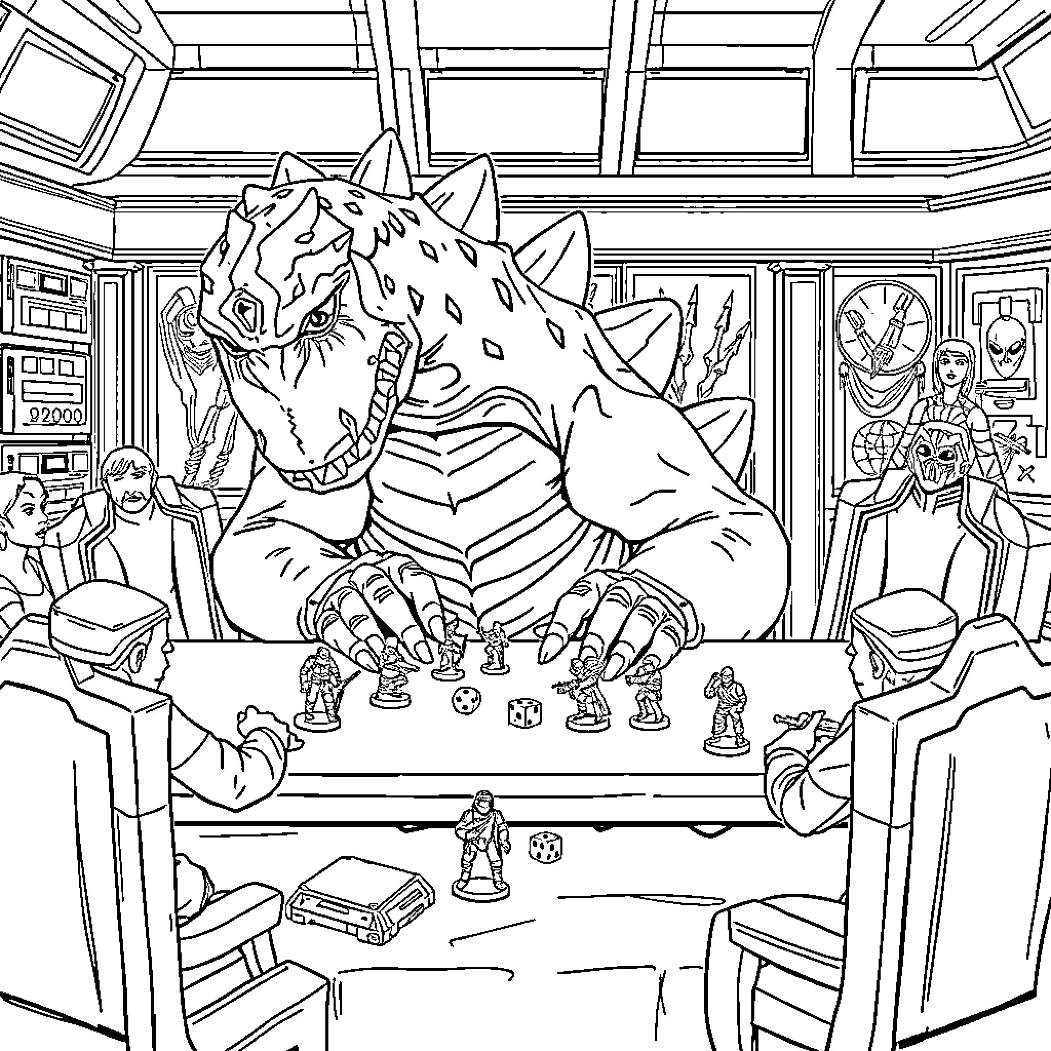 Godzilla playing chess with miniature figures Coloring Page (free black-and-white line drawing printable PDF for all, from beginners to advanced learners, including children, teens, adults, and seniors)