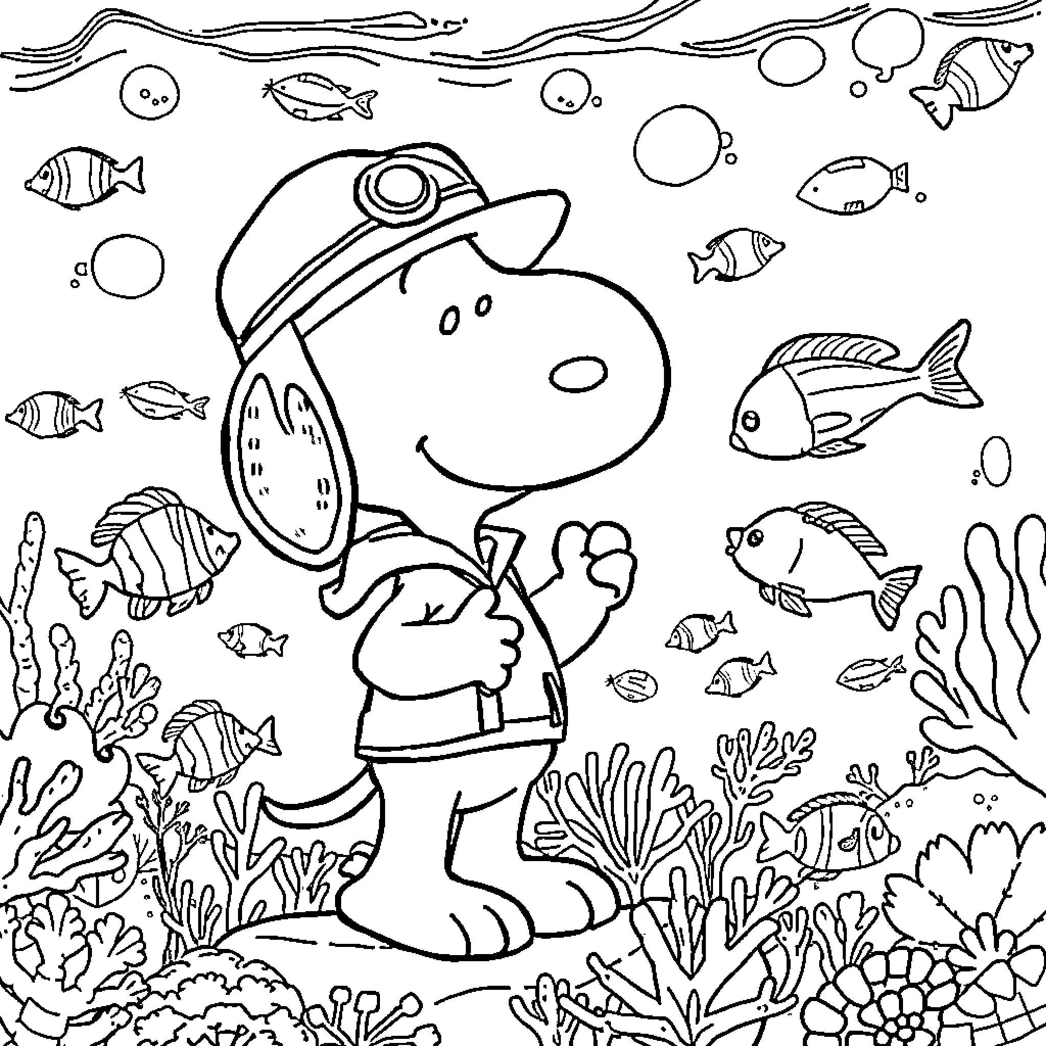 Snoopy's Underwater Adventure Coloring Page (free black-and-white line drawing printable PDF for all, from beginners to advanced learners, including children, teens, adults, and seniors)