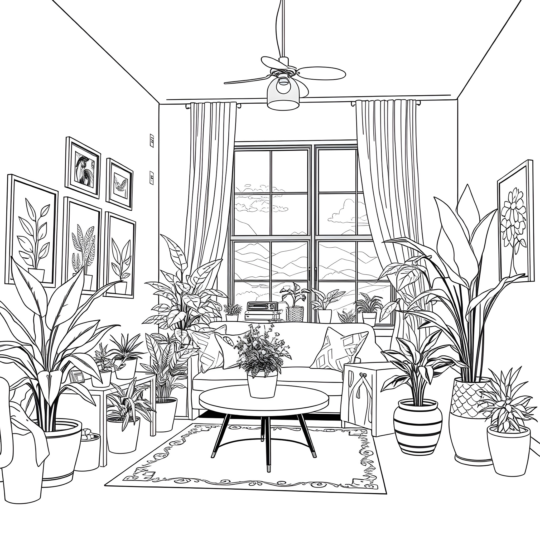 Plant-filled cozy living room with artwork Coloring Page (free black-and-white line drawing printable PDF for all, from beginners to advanced learners, including children, teens, adults, and seniors)