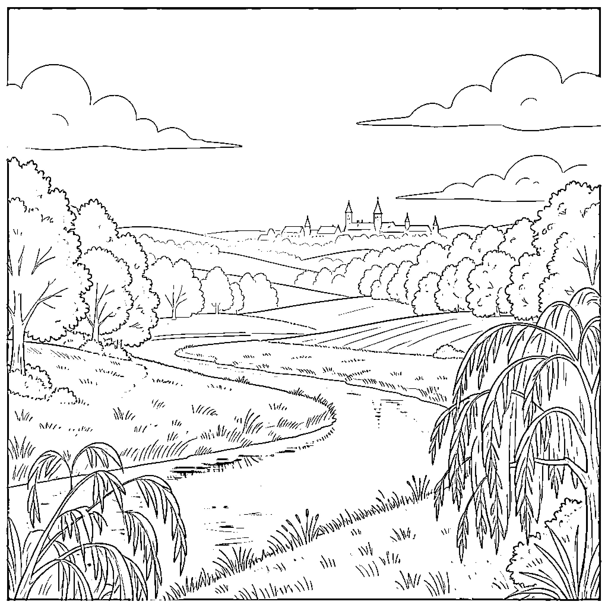Landscape featuring a winding river through rolling hills Coloring Page (free black-and-white line drawing printable PDF for all, from beginners to advanced learners, including children, teens, adults, and seniors)