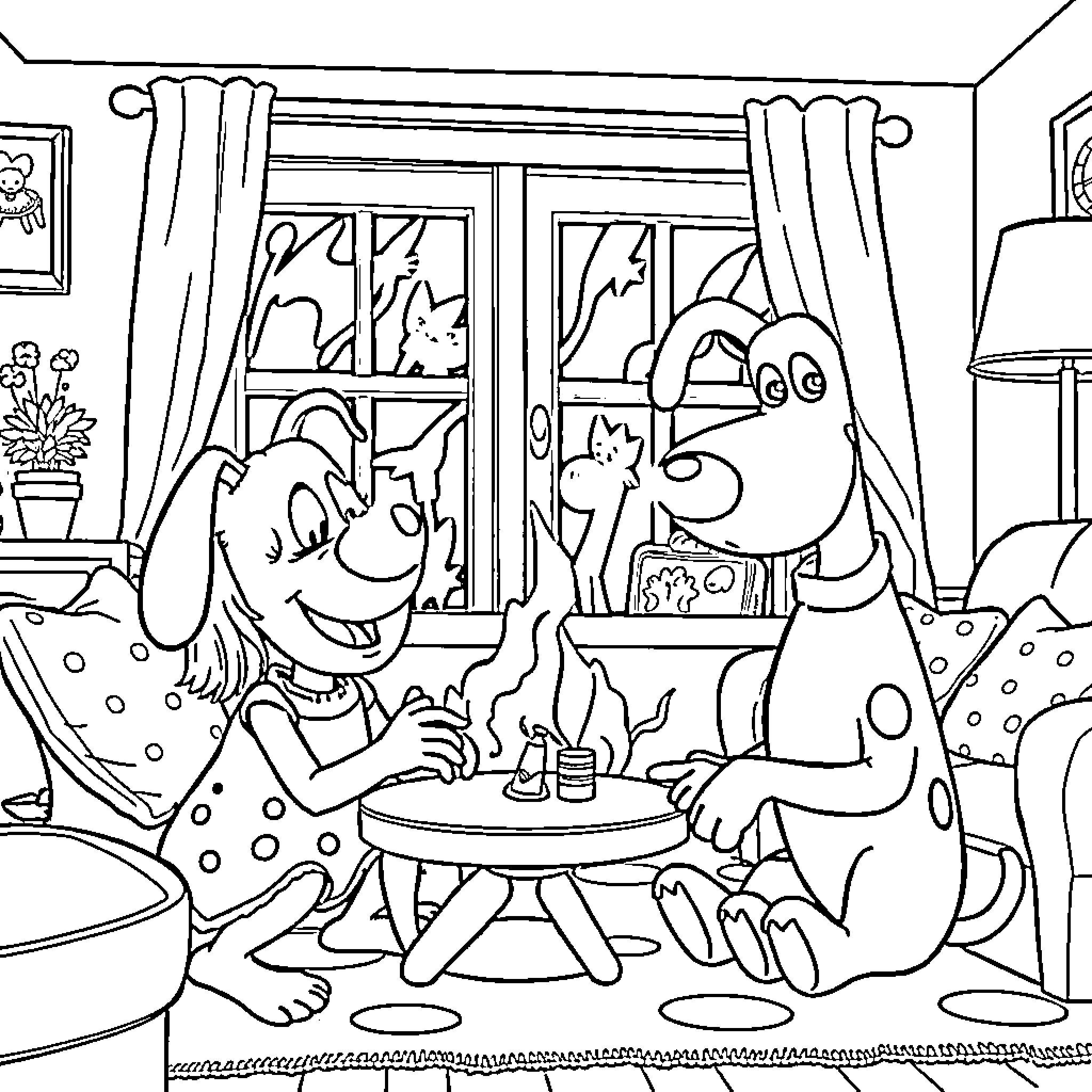 Wallace and Gromit enjoying tea time together Coloring Page (free black-and-white line drawing printable PDF for all, from beginners to advanced learners, including children, teens, adults, and seniors)