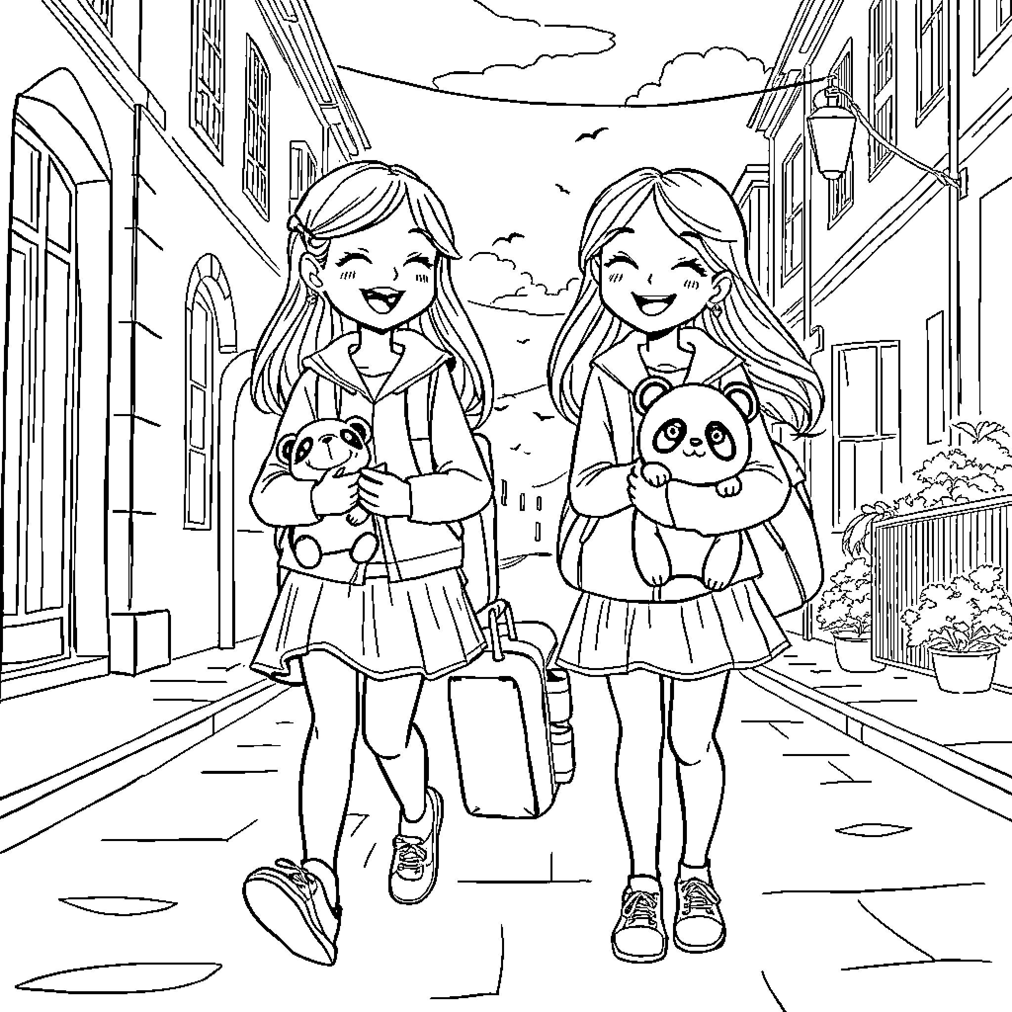 Girls enjoying plush toys on a city street Coloring Page (free black-and-white line drawing printable PDF for all, from beginners to advanced learners, including children, teens, adults, and seniors)