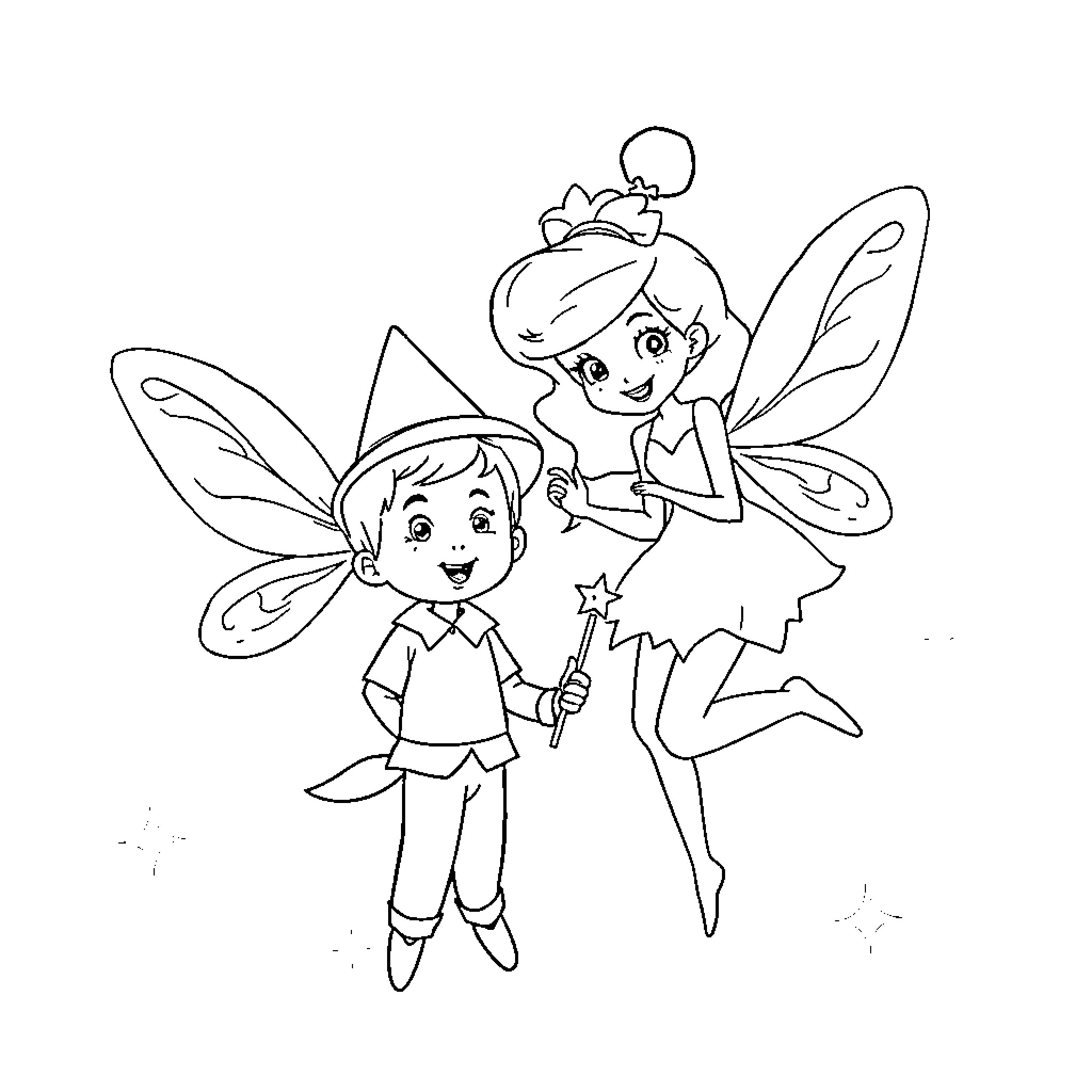 Timmy Turner and Fairy Godmother in Magical Adventure Coloring Page (free black-and-white line drawing printable PDF for all, from beginners to advanced learners, including children, teens, adults, and seniors)