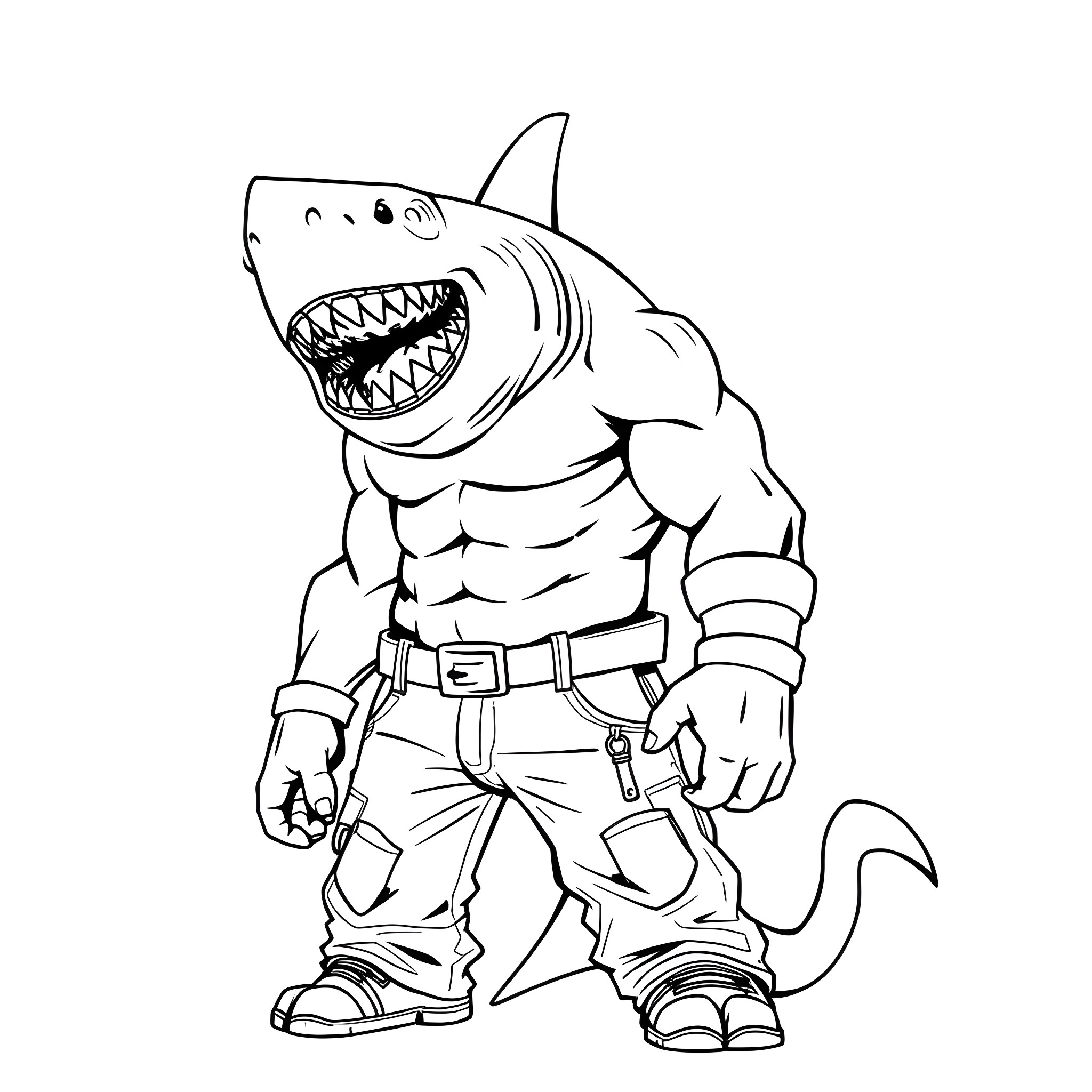 Shark-themed action figure with muscular build Coloring Page (free black-and-white line drawing printable PDF for all, from beginners to advanced learners, including children, teens, adults, and seniors)