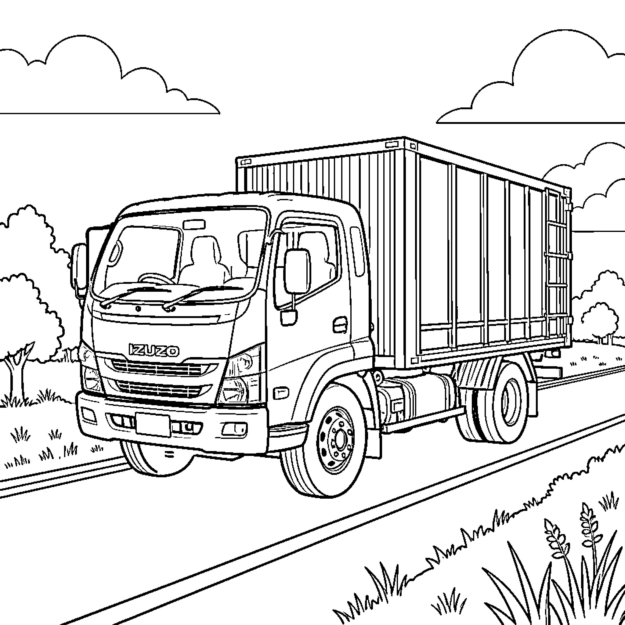 Isuzu Dmax truck driving on a rural road Coloring Page (free black-and-white line drawing printable PDF for all, from beginners to advanced learners, including children, teens, adults, and seniors)