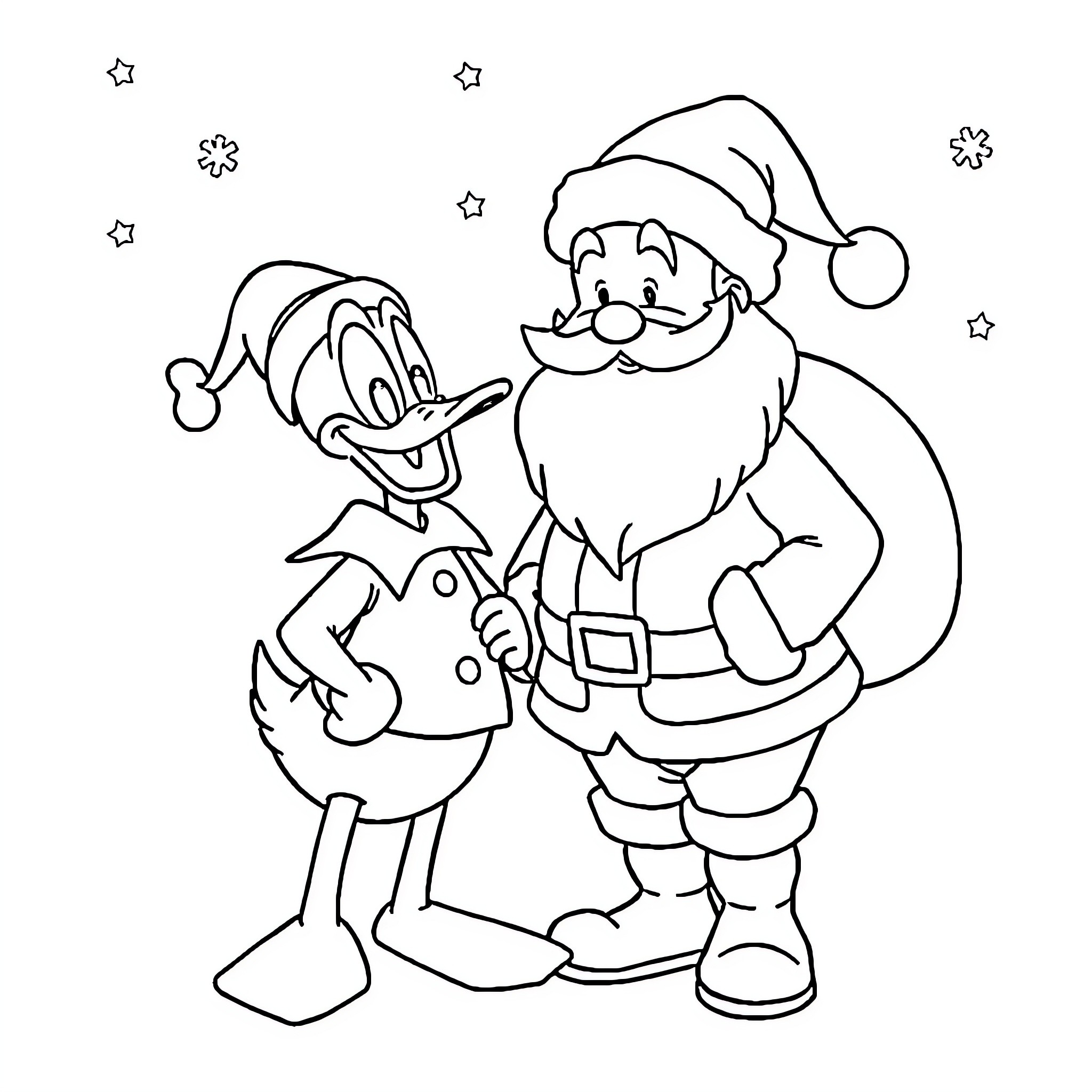 Donald Duck and Santa Claus cheerfully celebrating Coloring Page (free black-and-white line drawing printable PDF for all, from beginners to advanced learners, including children, teens, adults, and seniors)