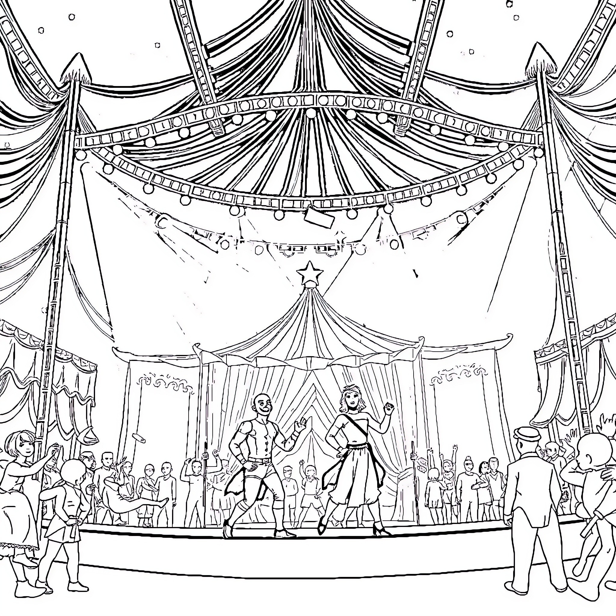 Circus performers in a lively performance Coloring Page (free black-and-white line drawing printable PDF for all, from beginners to advanced learners, including children, teens, adults, and seniors)