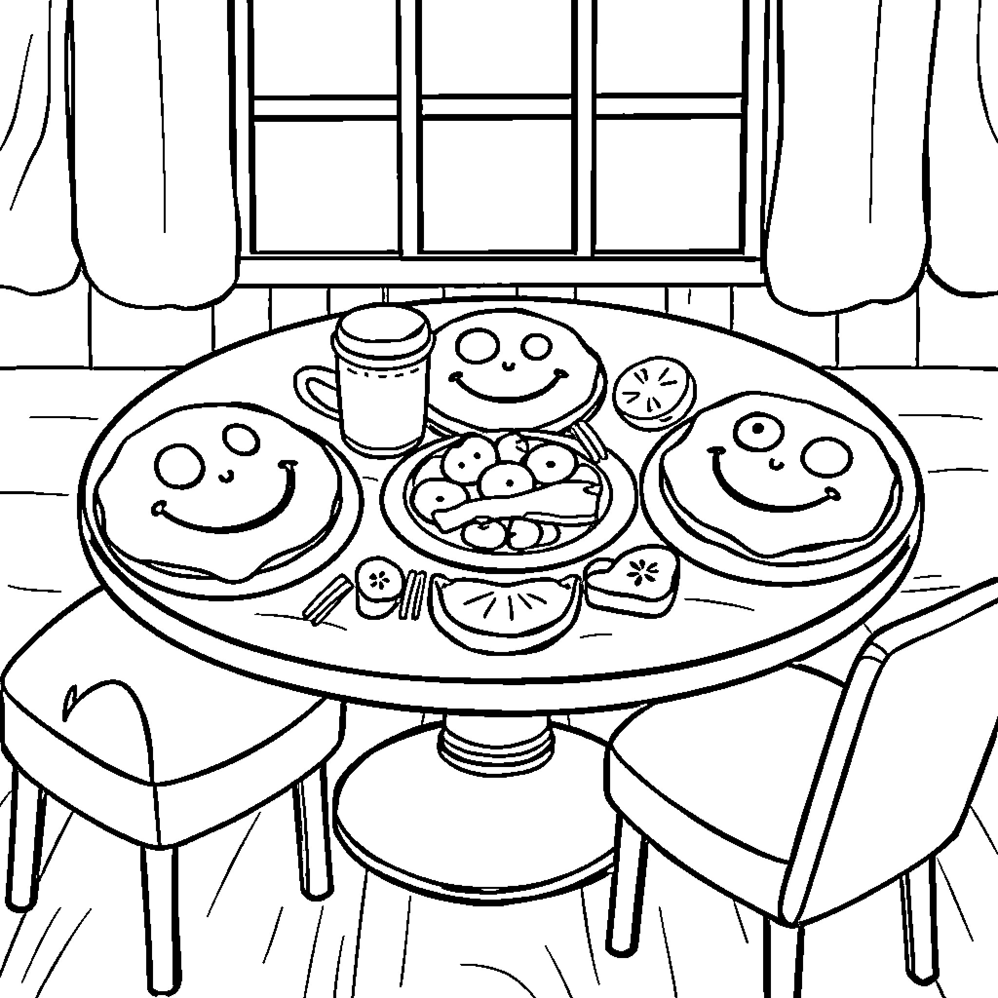 Breakfast Served with Cheerful Expressions Coloring Page (free black-and-white line drawing printable PDF for all, from beginners to advanced learners, including children, teens, adults, and seniors)