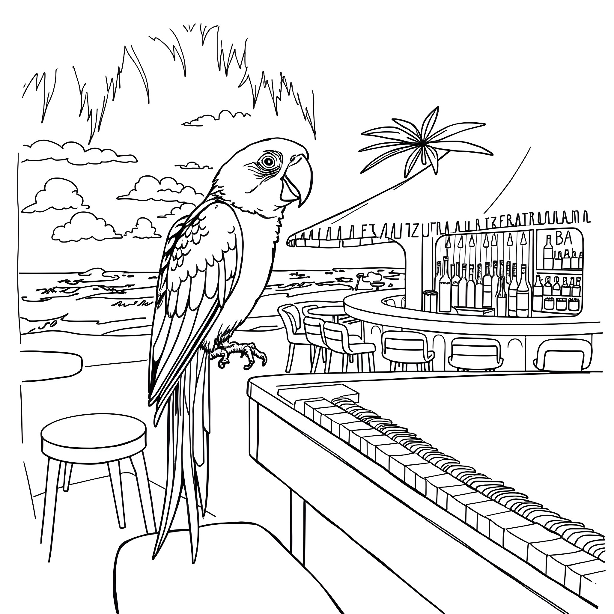 Parrot perched in tropical setting with piano Coloring Page (free black-and-white line drawing printable PDF for all, from beginners to advanced learners, including children, teens, adults, and seniors)