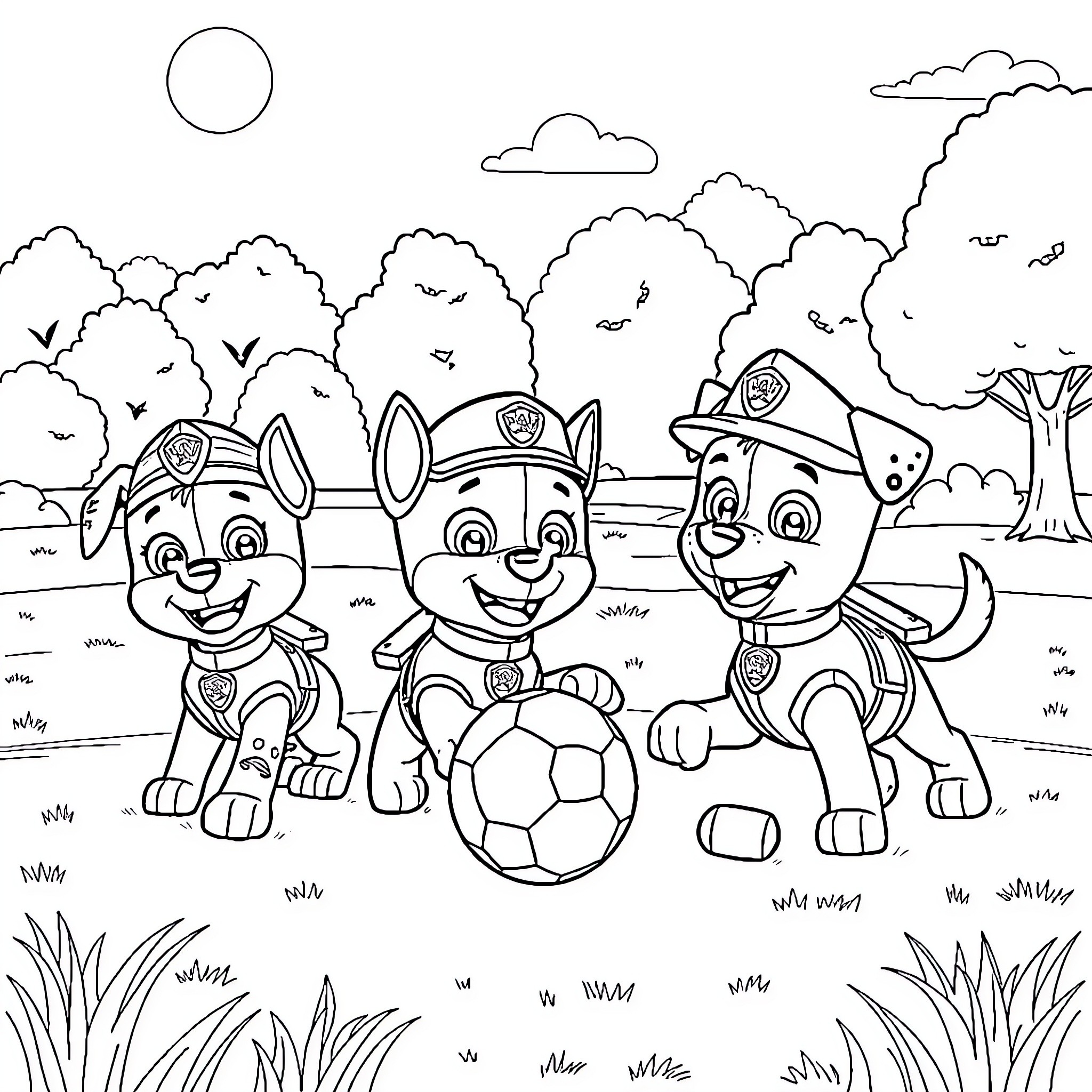 Paw Patrol friends playing soccer in the park Coloring Page (free black-and-white line drawing printable PDF for all, from beginners to advanced learners, including children, teens, adults, and seniors)