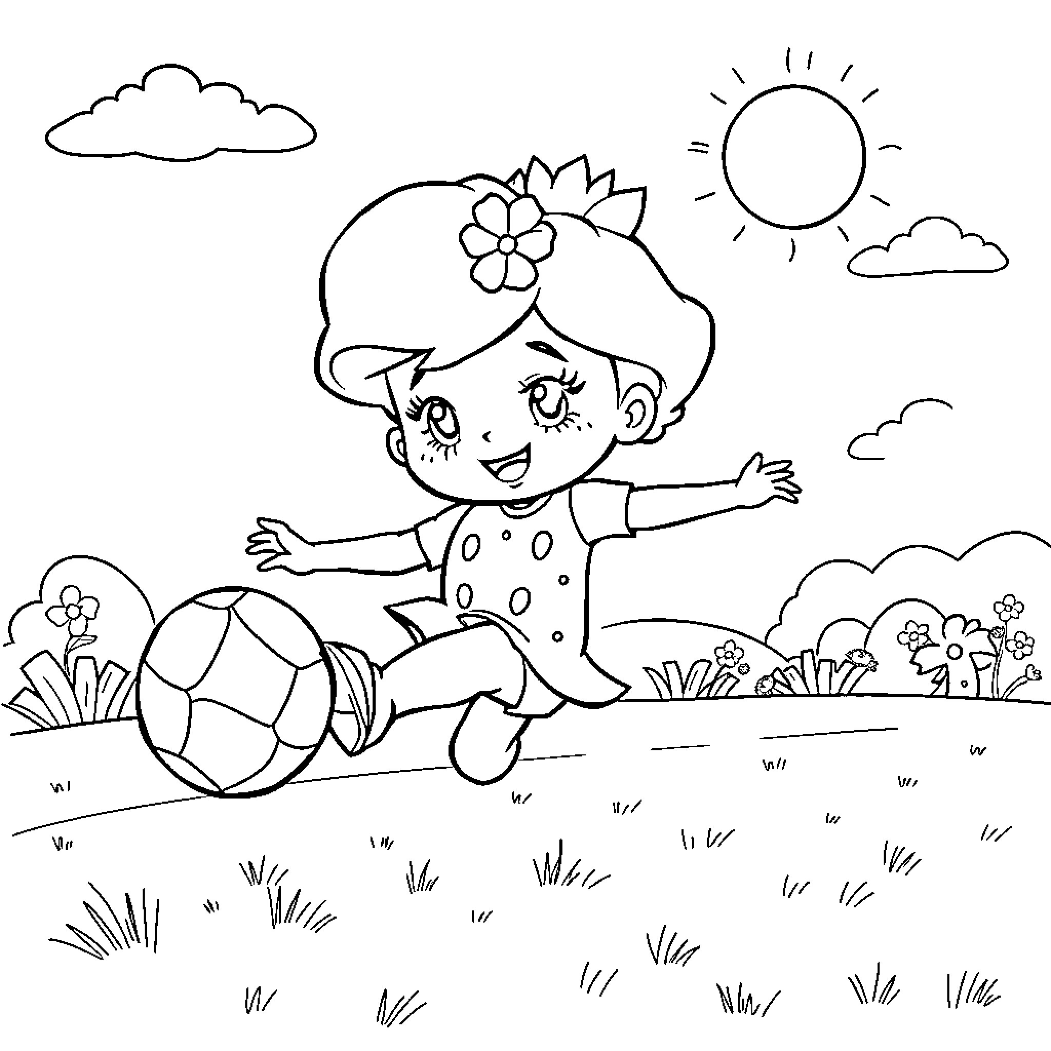 Strawberry Shortcake playing happily with a soccer ball Coloring Page (free black-and-white line drawing printable PDF for all, from beginners to advanced learners, including children, teens, adults, and seniors)