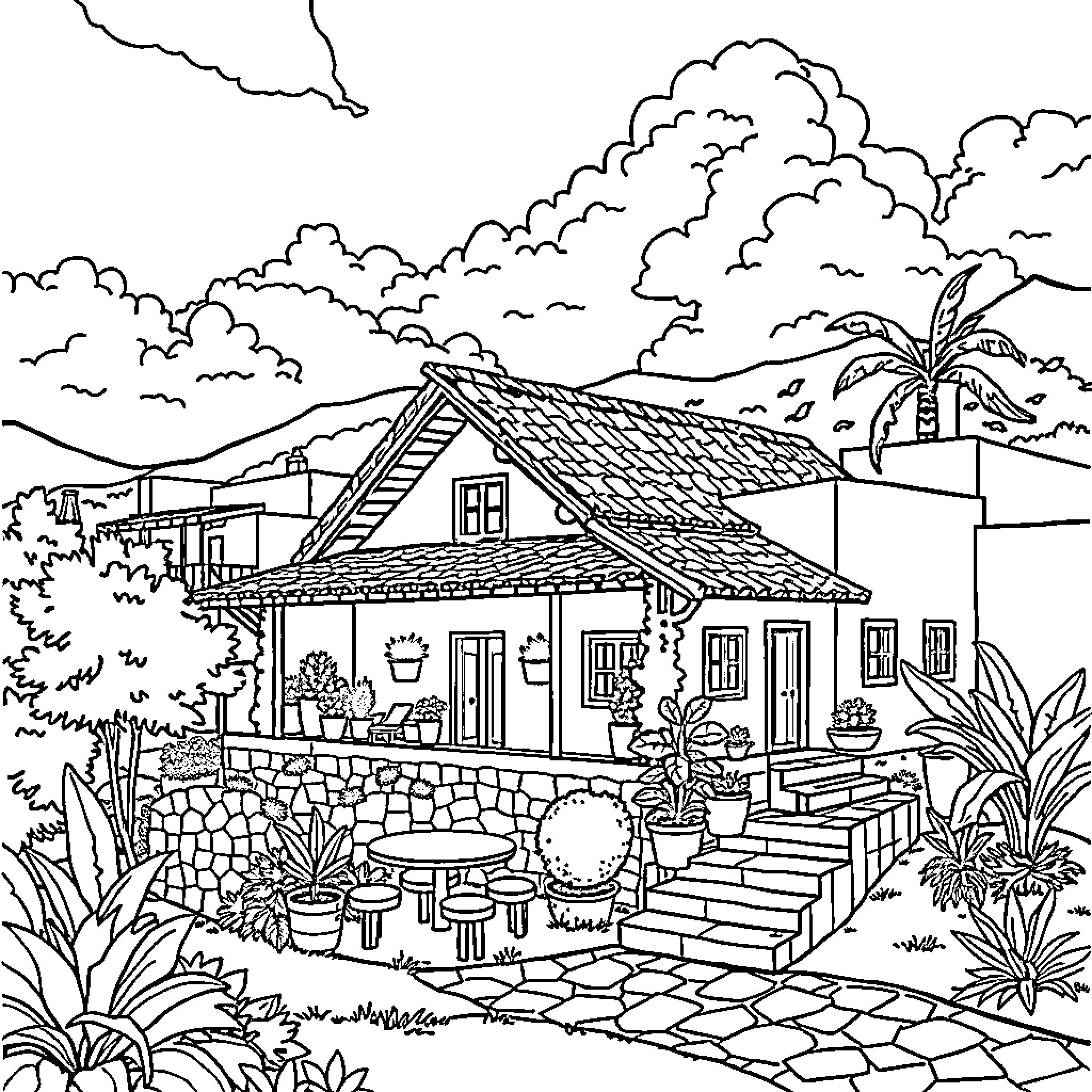 Refuge in a Serene Countryside Retreat Coloring Page (free black-and-white line drawing printable PDF for all, from beginners to advanced learners, including children, teens, adults, and seniors)