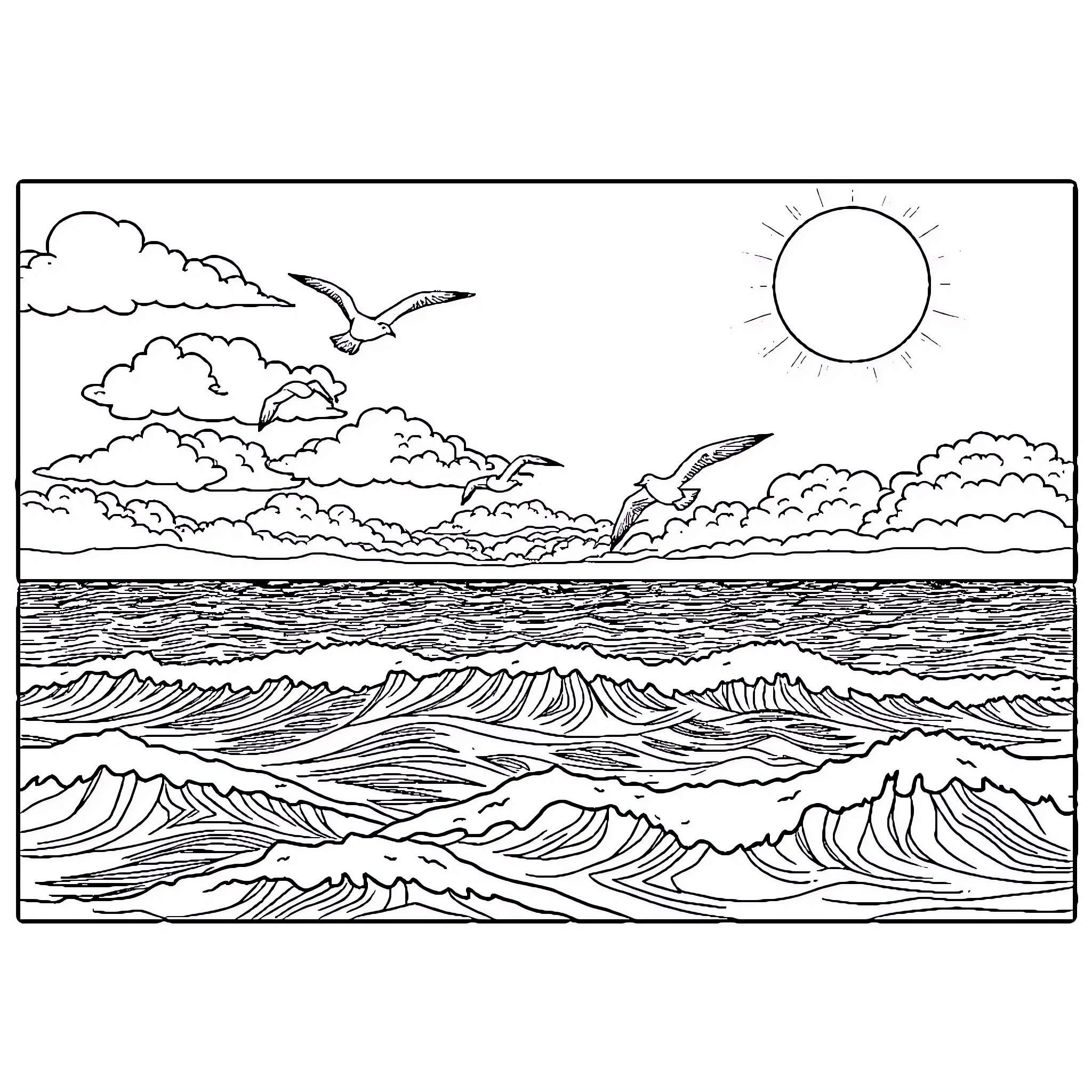 Ocean scene with waves and birds in the sky Coloring Page (free black-and-white line drawing printable PDF for all, from beginners to advanced learners, including children, teens, adults, and seniors)