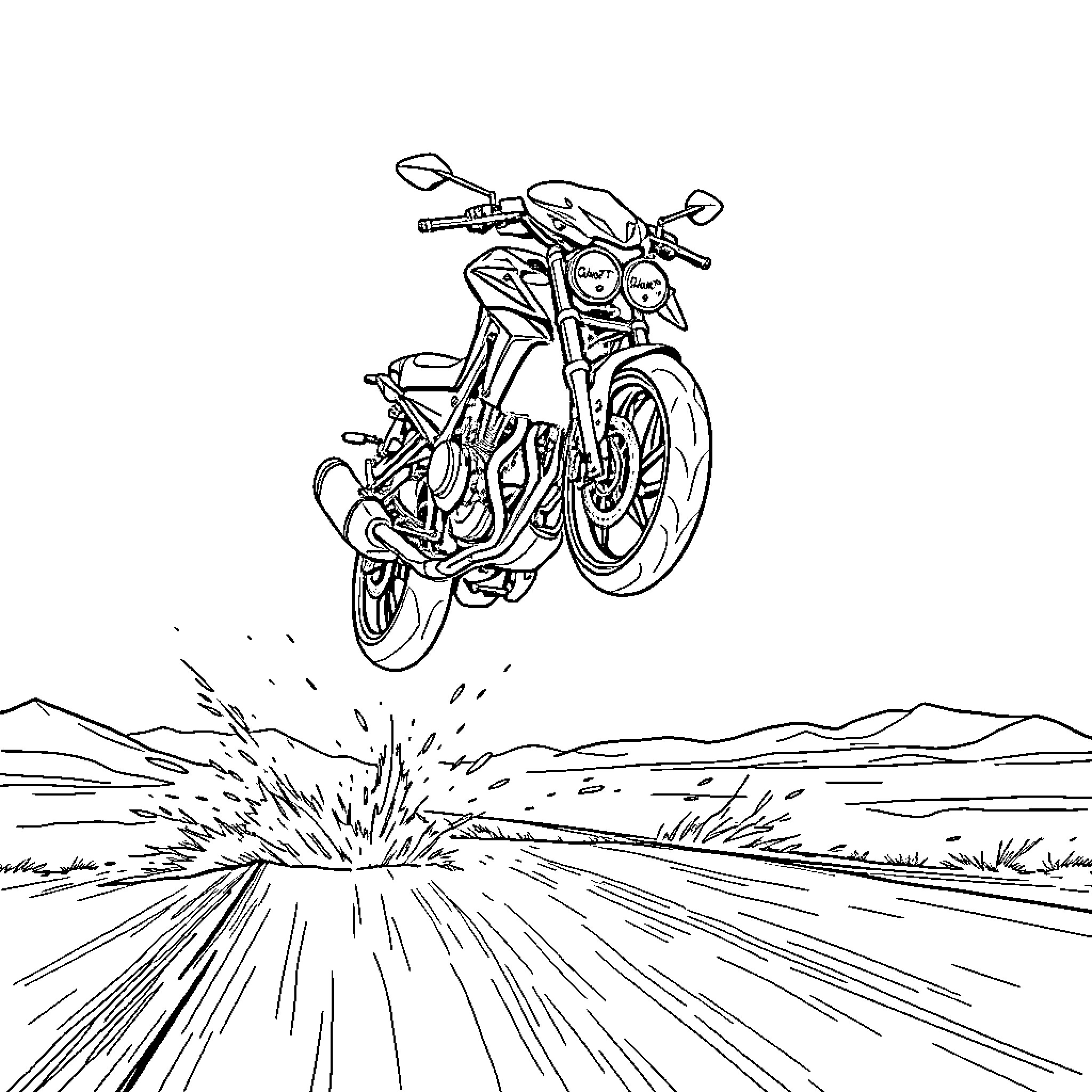 Yamaha MT-07 soaring over rugged terrain Coloring Page (free black-and-white line drawing printable PDF for all, from beginners to advanced learners, including children, teens, adults, and seniors)